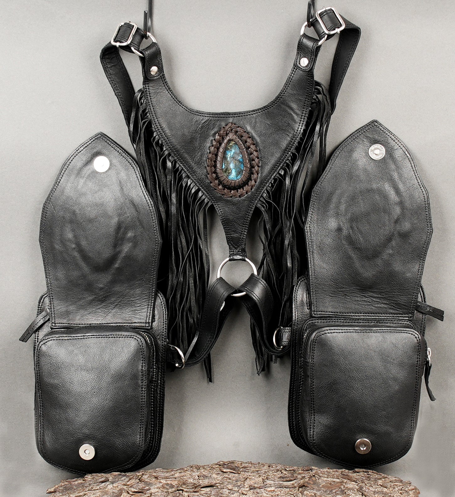 Tribal bohemian leather holster with fringe and metal hardware