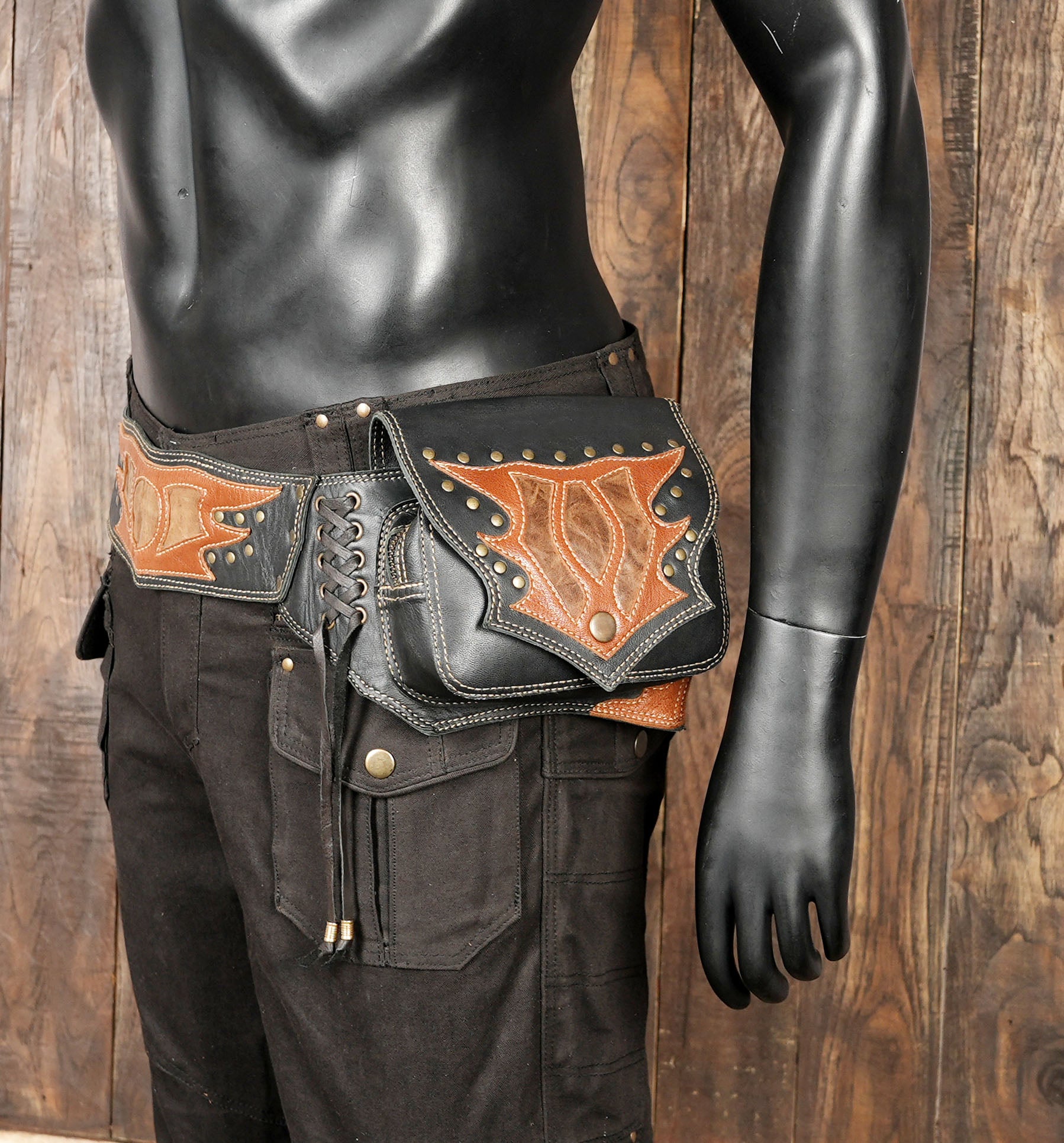 Cosplay utility leather hip bag with rivet-studded flap design