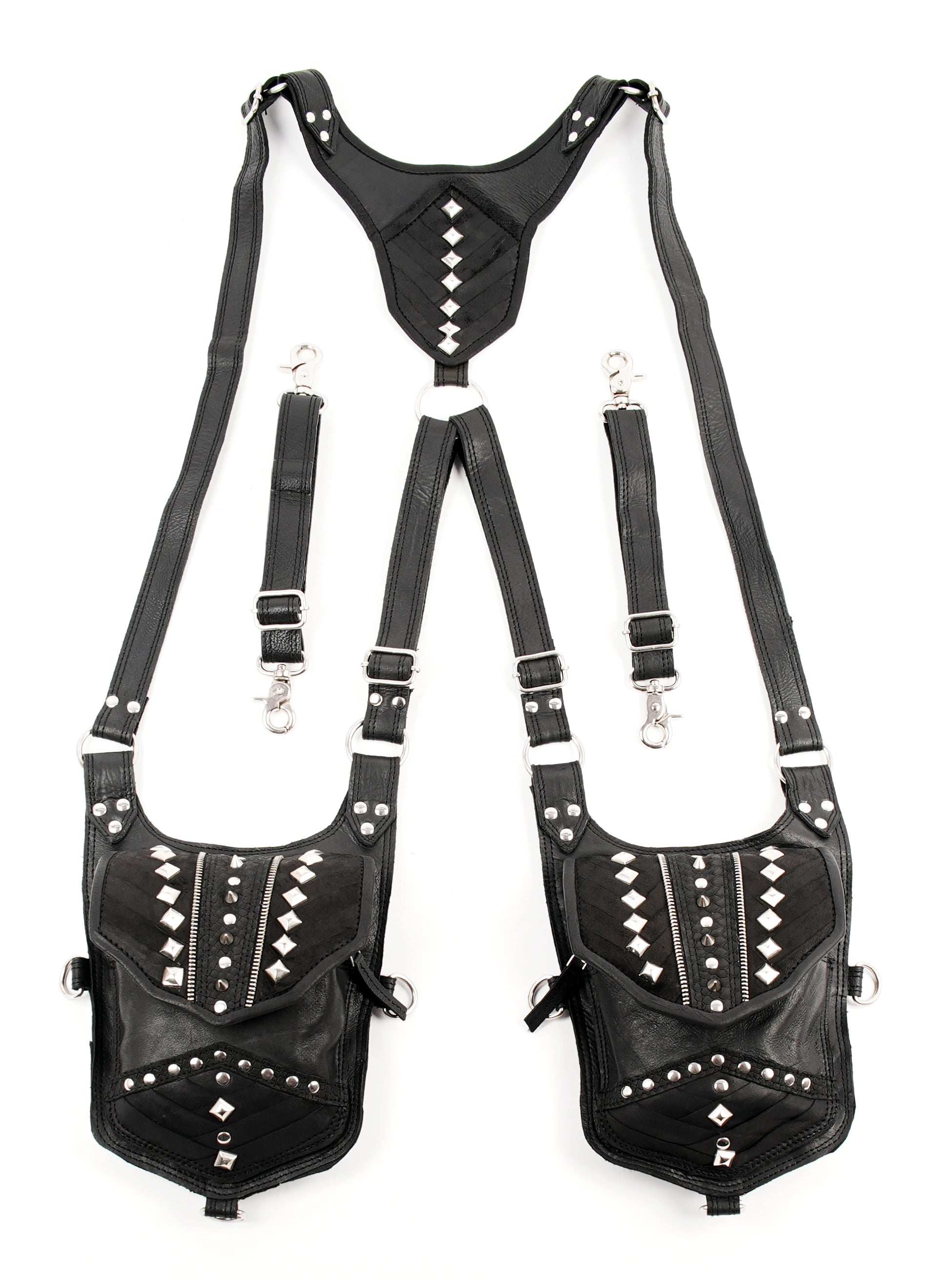 Dual pouch holster with angular stud layout and bold design