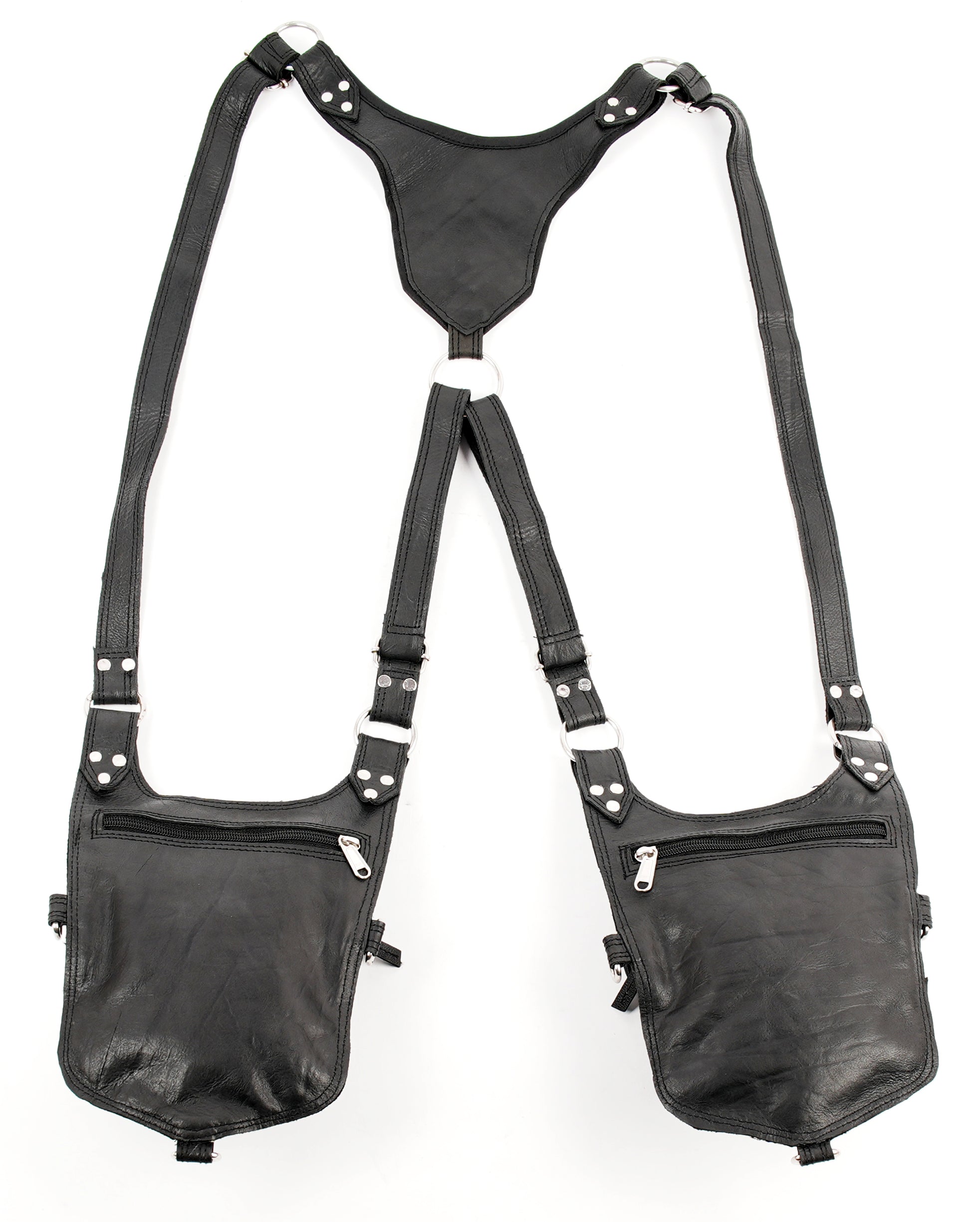 Edgy leather holster featuring heavy metal detailing