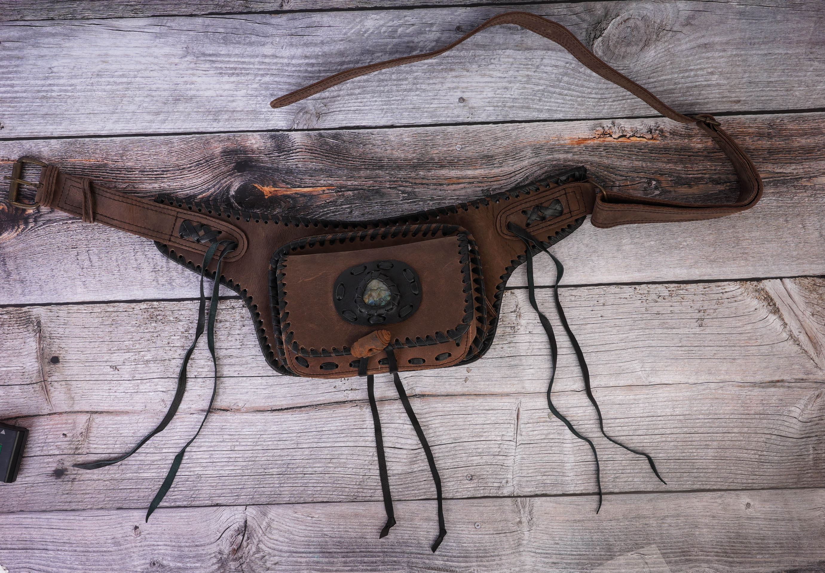 Leather waist belt with adjustable buckle and front pouch