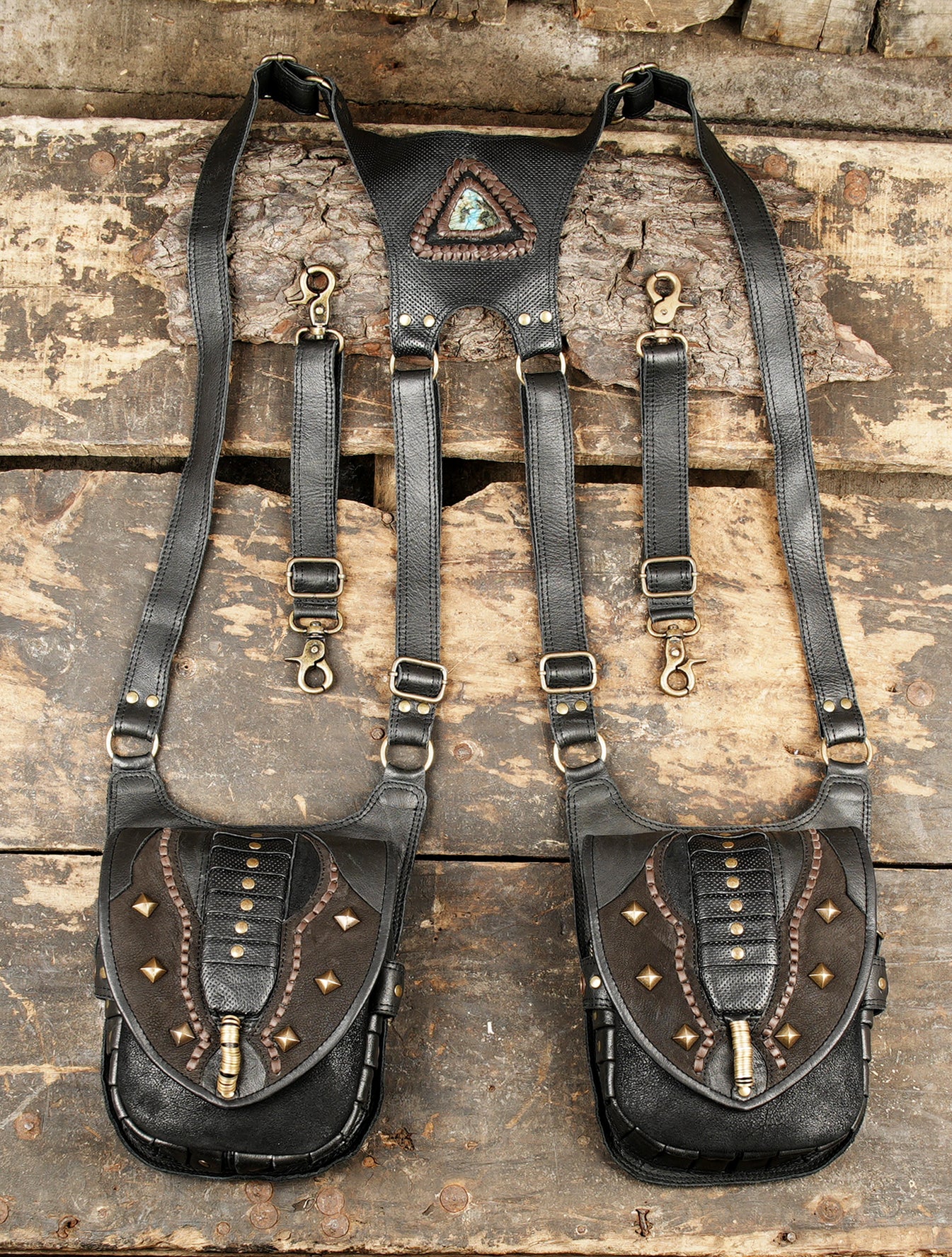 Handmade leather dual pouch holster with gemstone detail