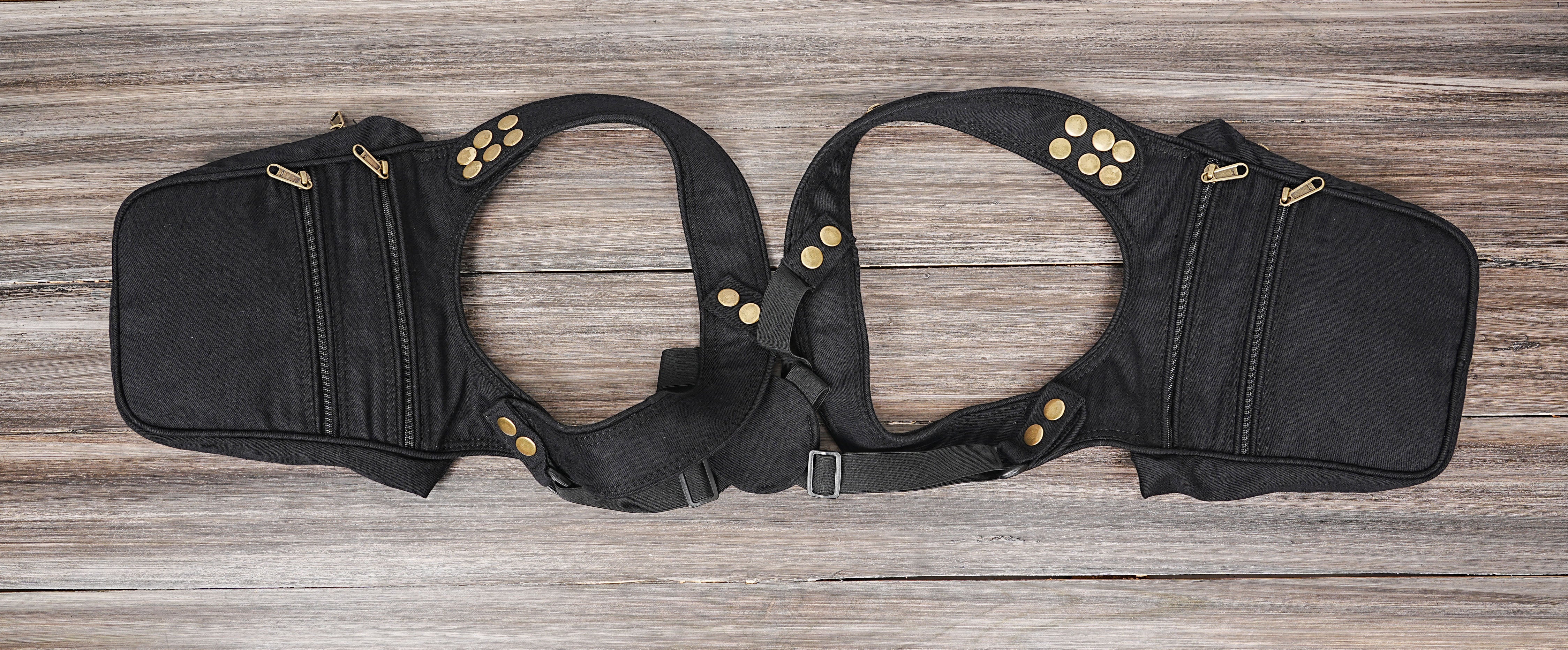 Rugged cotton chest harness featuring dual utility pouches and studs