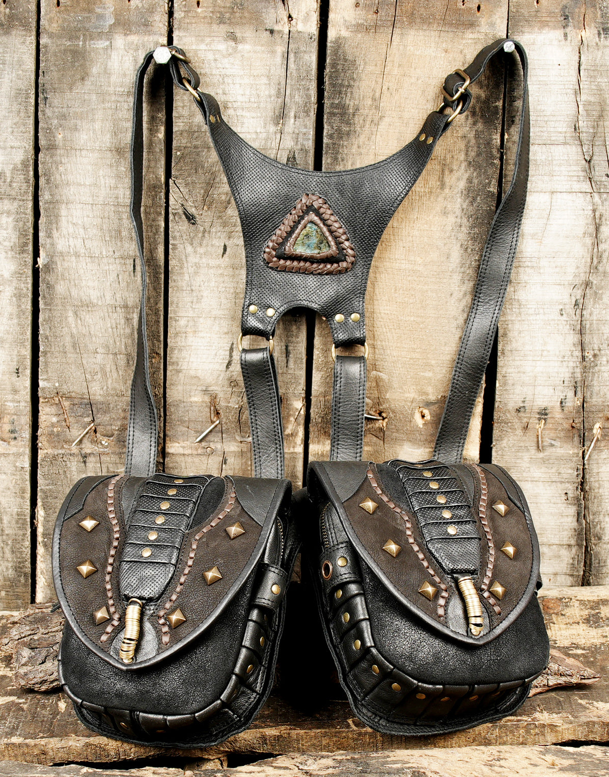 Tribal design leather utility pouch harness