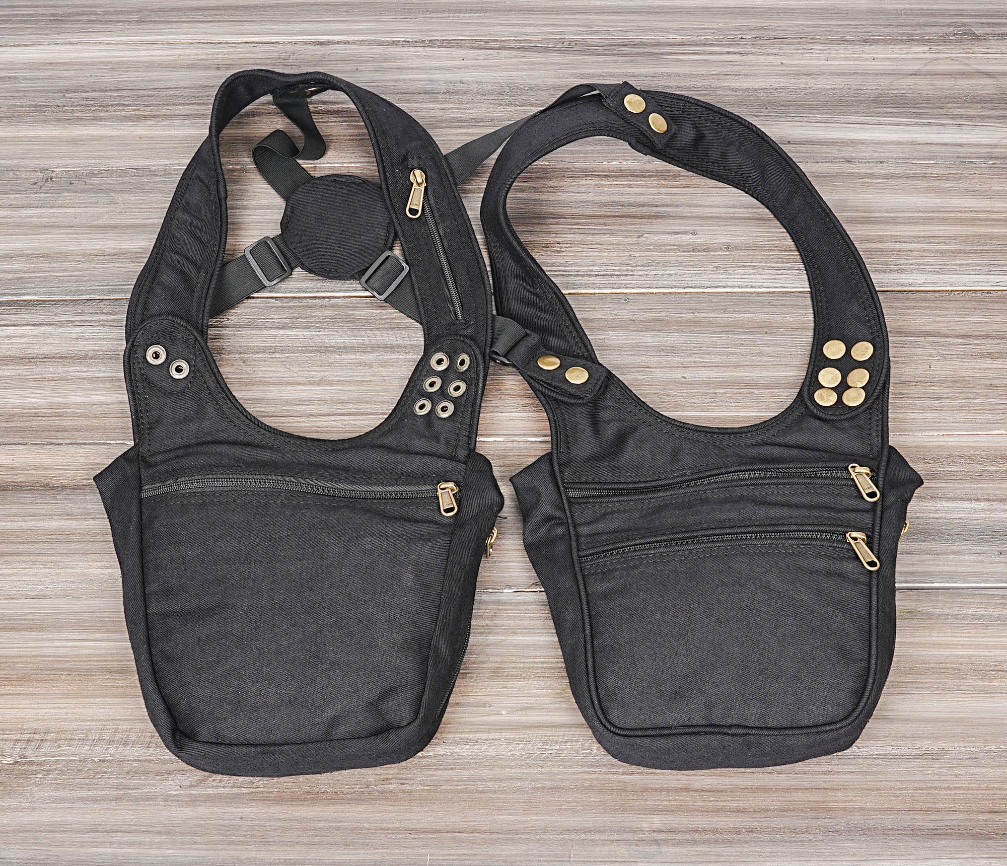 Dark wear aesthetic double shoulder utility pouch crafted in black cotton