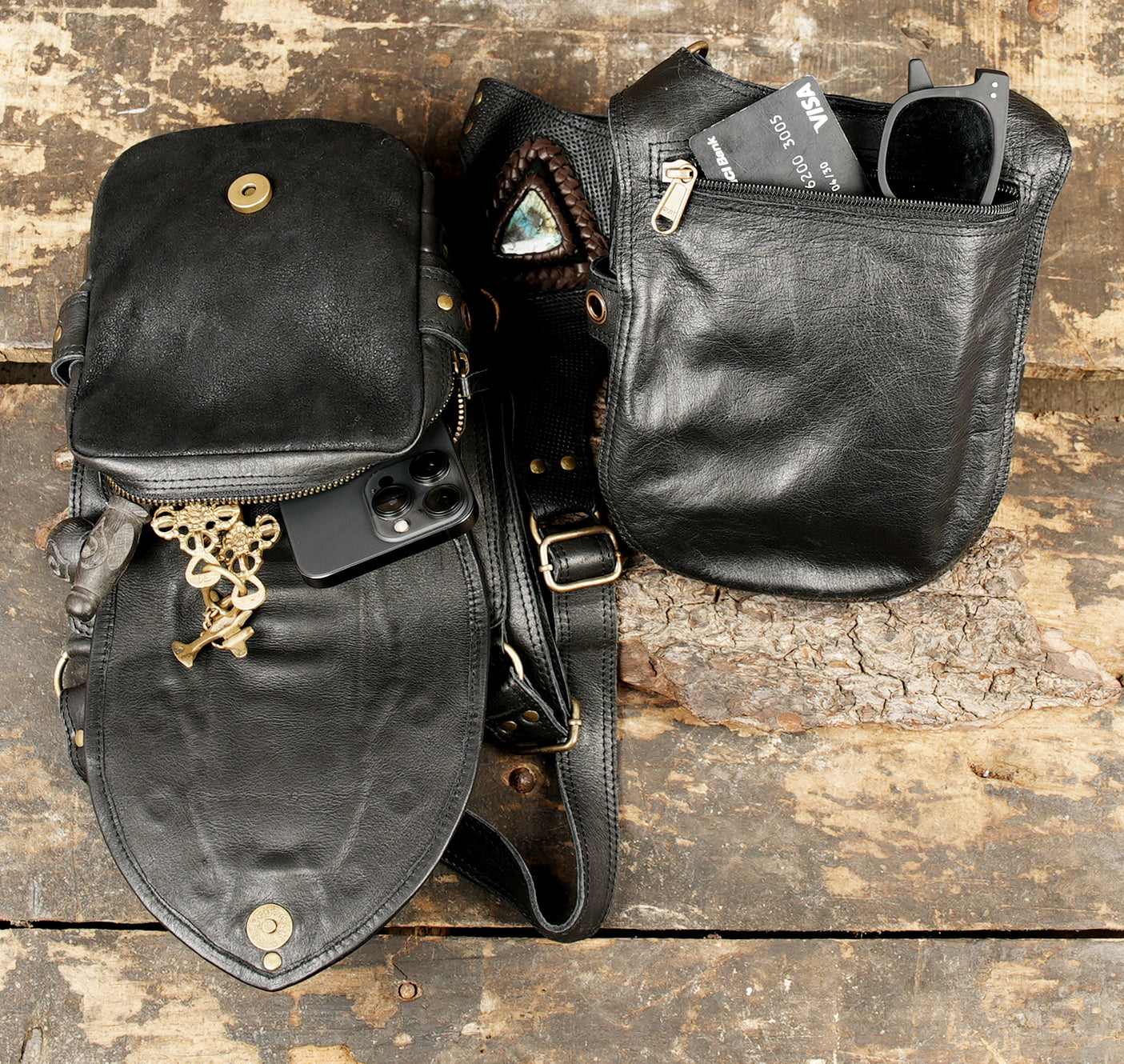 Steampunk leather dual pocket holster bag