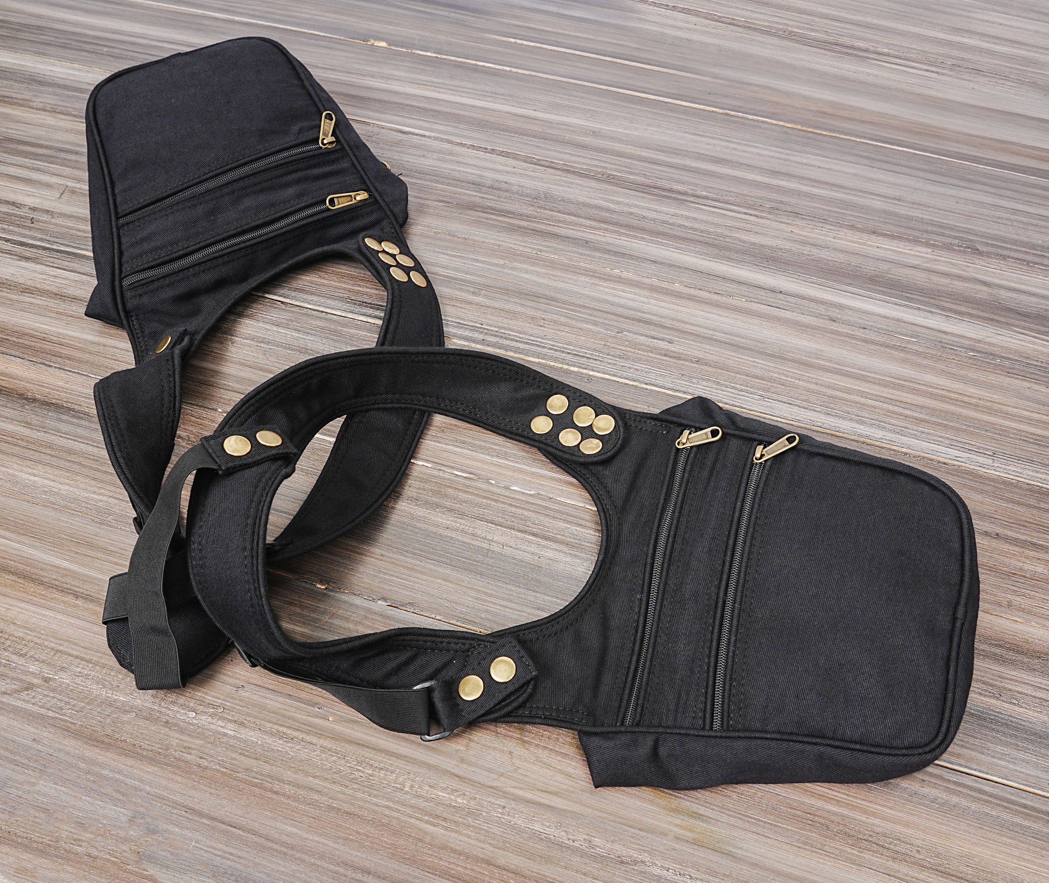 Industrial punk style black canvas shoulder bag with brass snap buttons