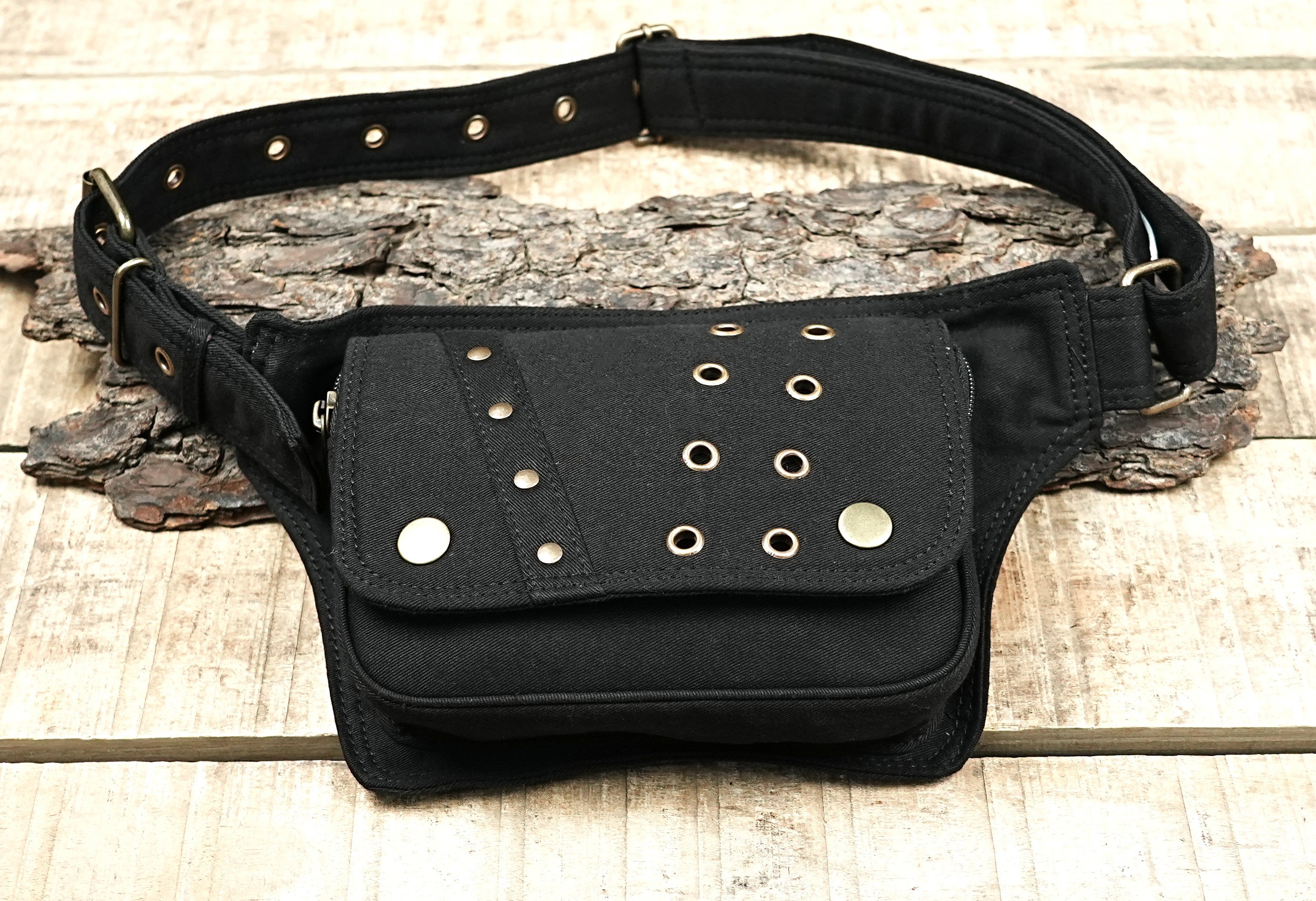 Edgy black utility hip belt with a gothic and steampunk aesthetic.
