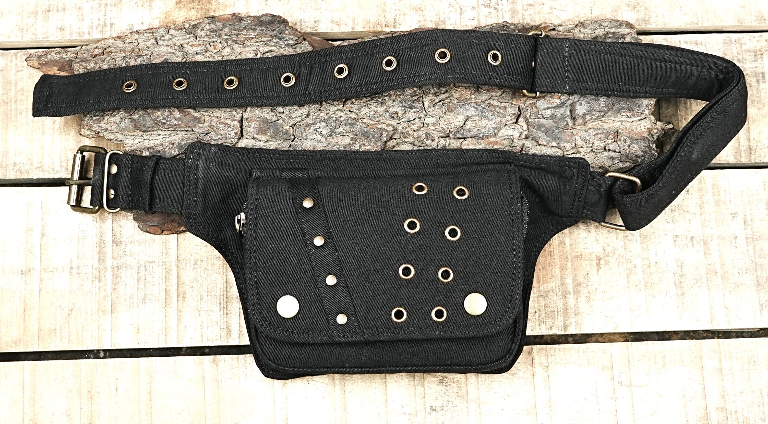 Gothic-style black canvas pouch belt with metal eyelets and rivets.