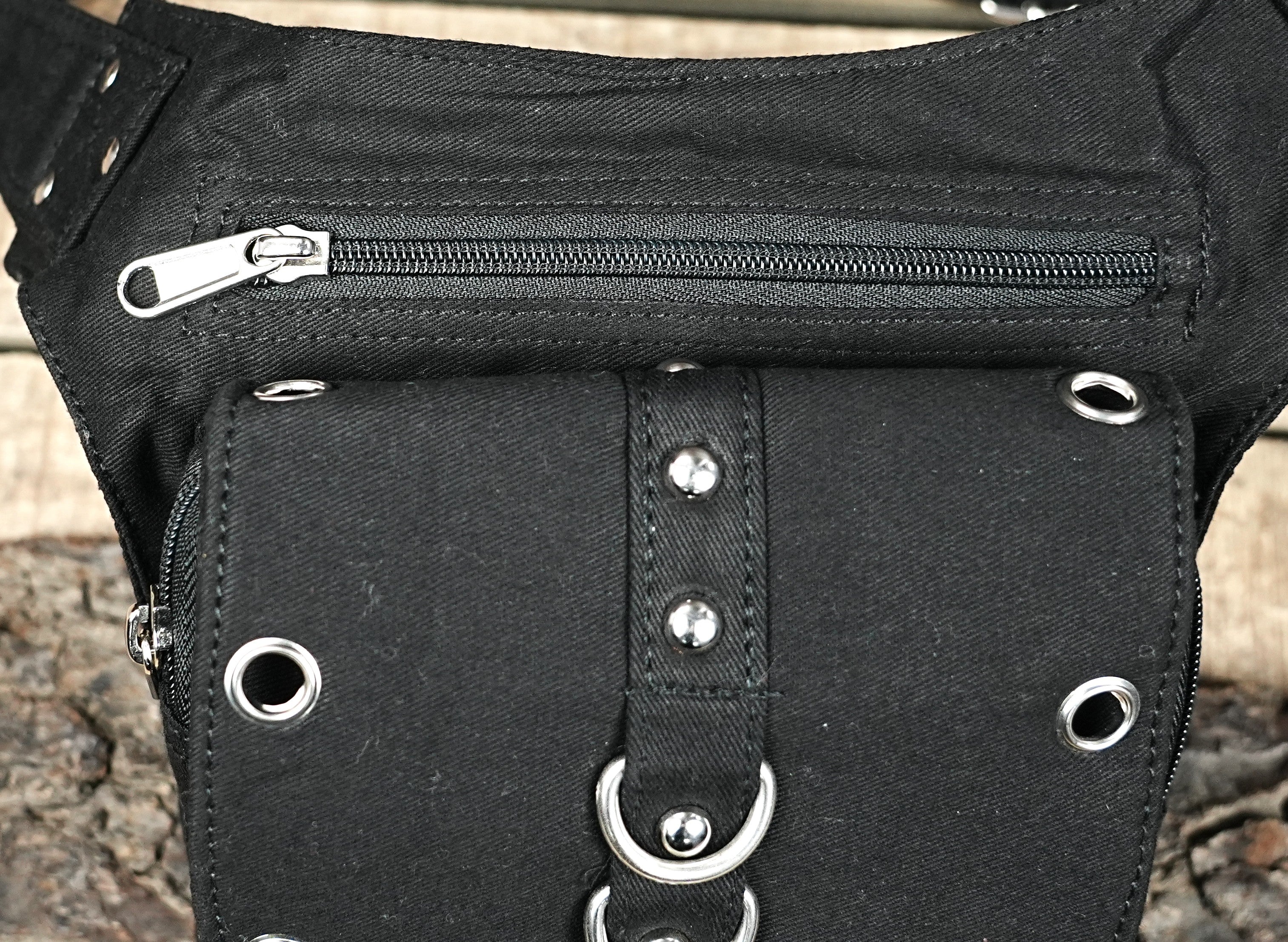 "Alternative fashion black fanny pack designed to be worn as a leg holster or waist bag, complete with secure zippered compartments." (Europe)