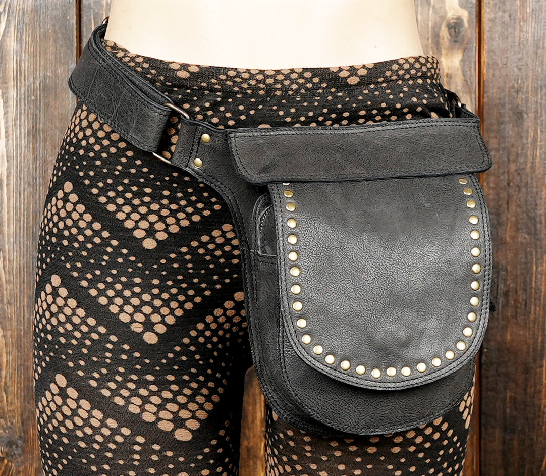 Black leather waist belt with secure pouch and adjustable fit