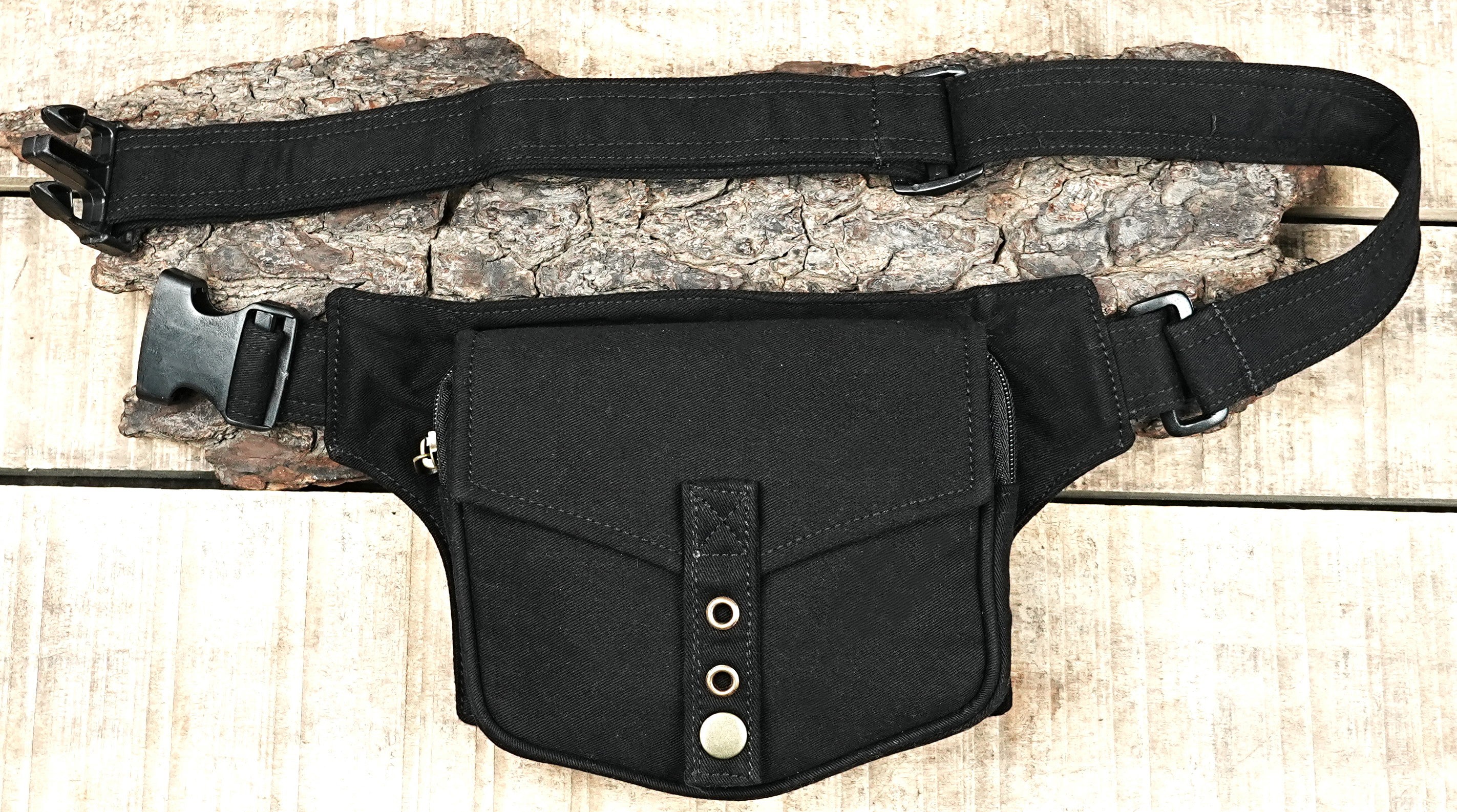 EUROPE: Vintage-Look Hip Pack, Durable Black Cotton Fabric with Secure Zip and Button Closures.