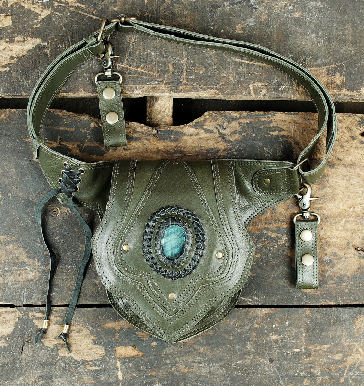 Handmade Leather Waist Belt with Teardrop Gemstone and Layered Panels