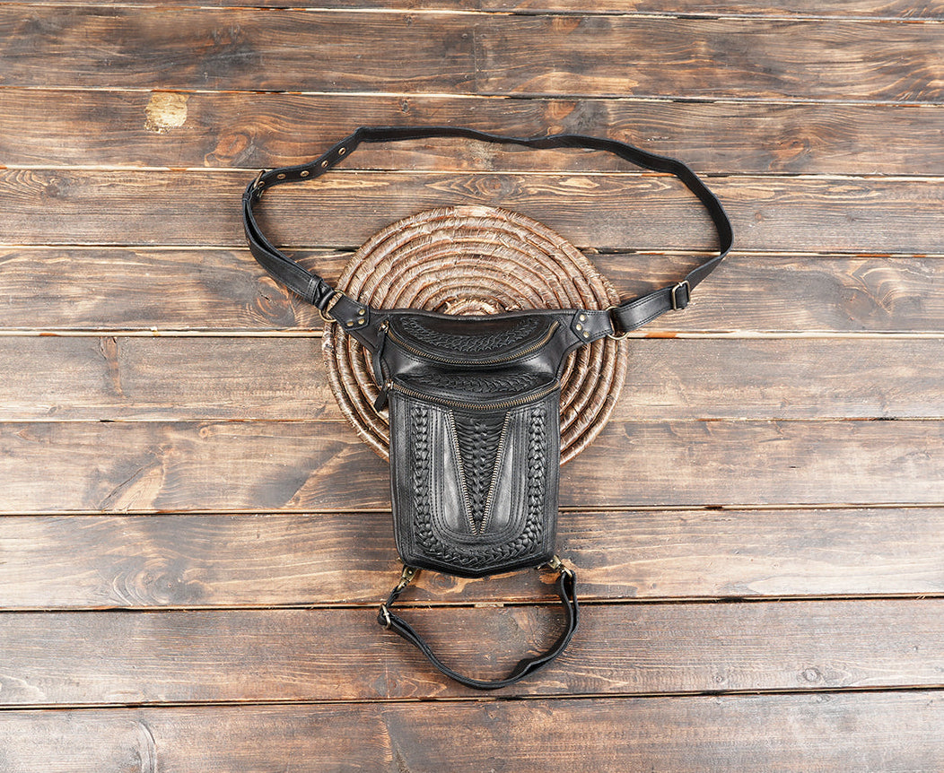 Black leather waist thigh belt with braided detailing