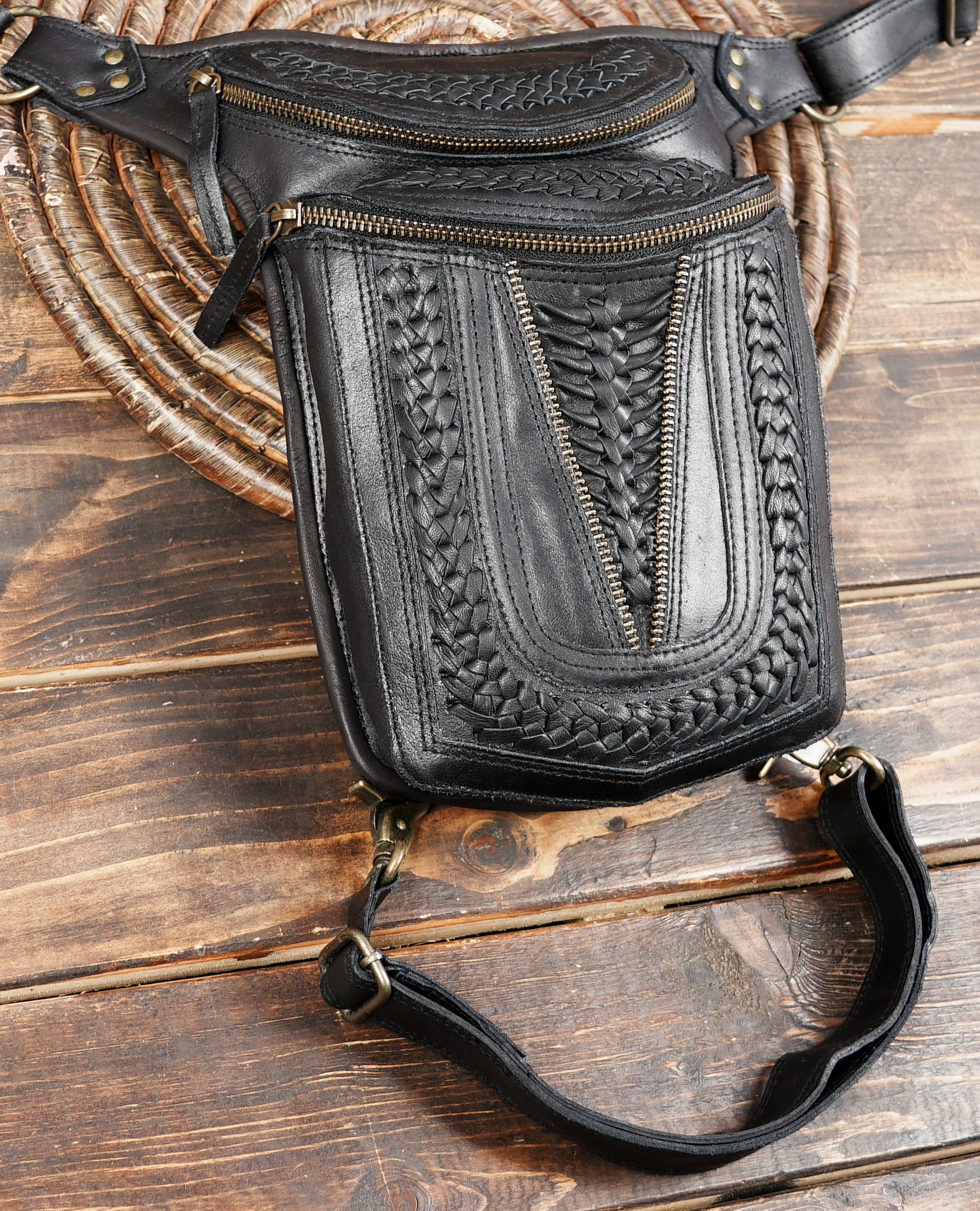 Artisan black leather waist and thigh utility belt