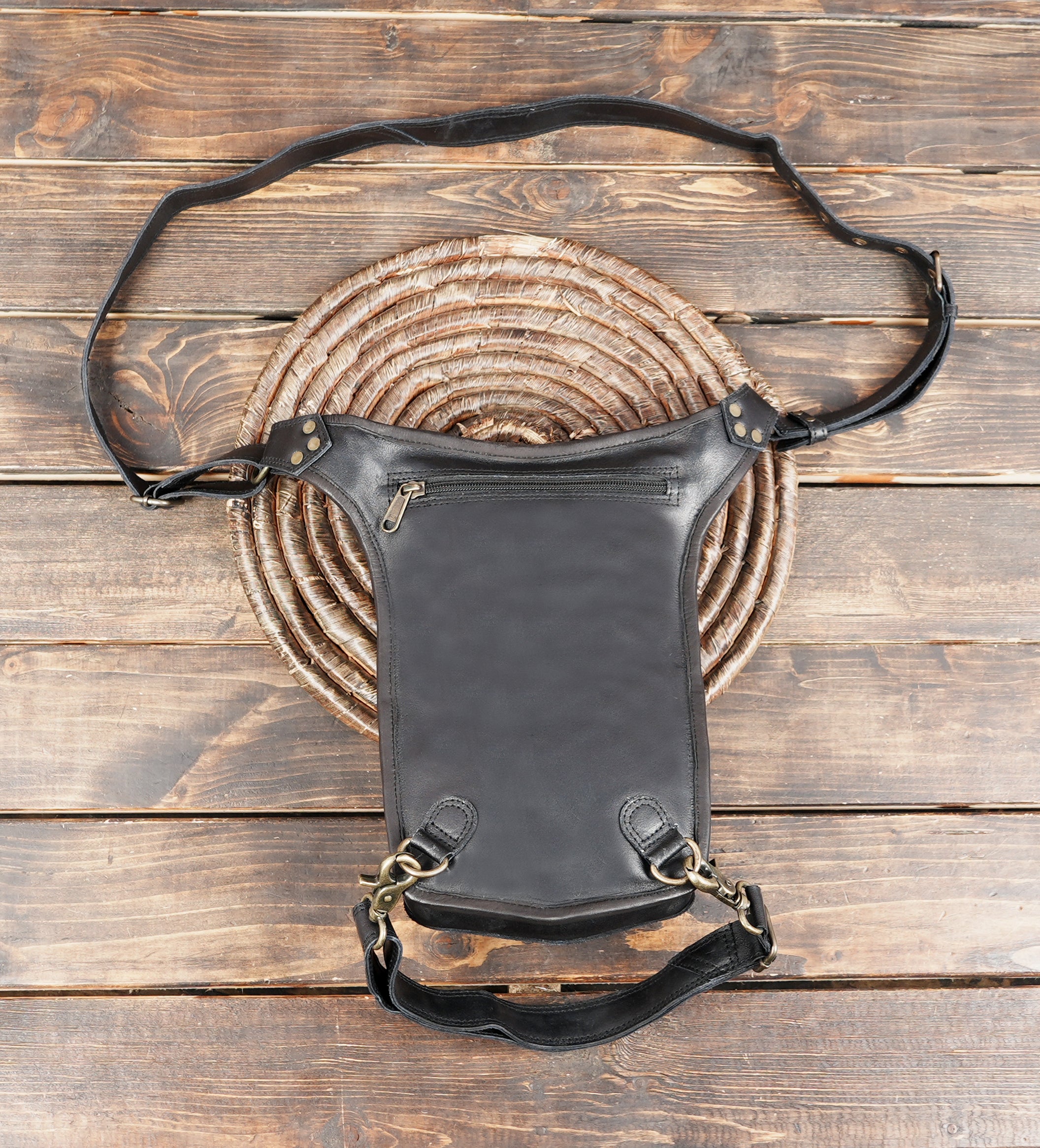 Festival leather thigh pouch with handcrafted braiding