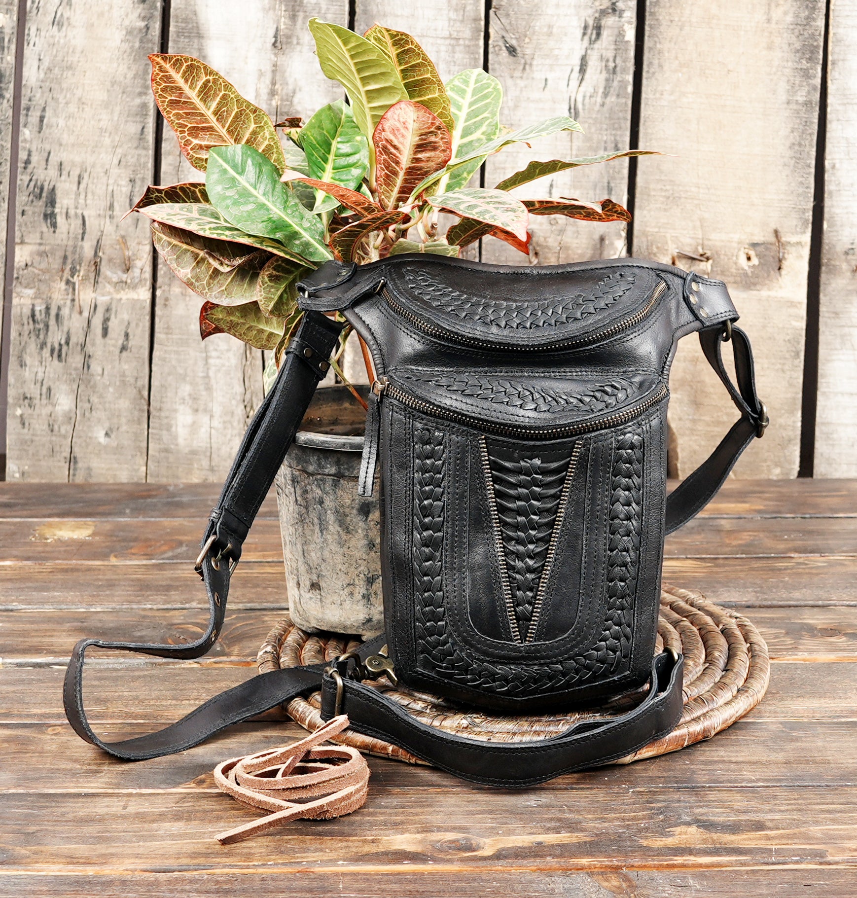 Biker style leather waist and leg holster pouch