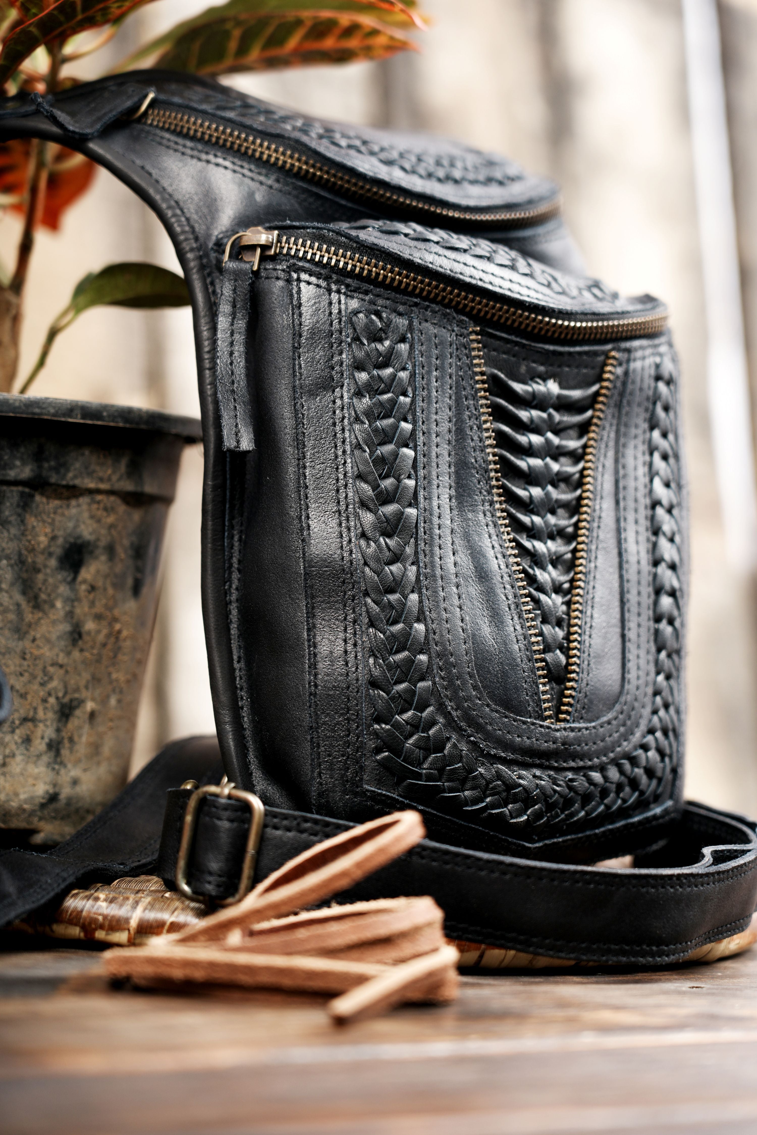 Leather festival holster with woven panel design