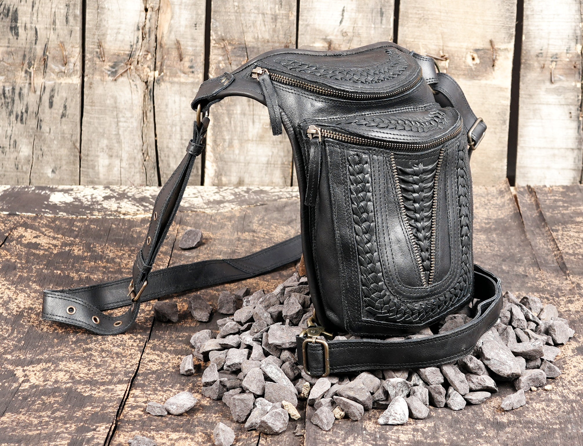 Leather hip and thigh bag with braided accents