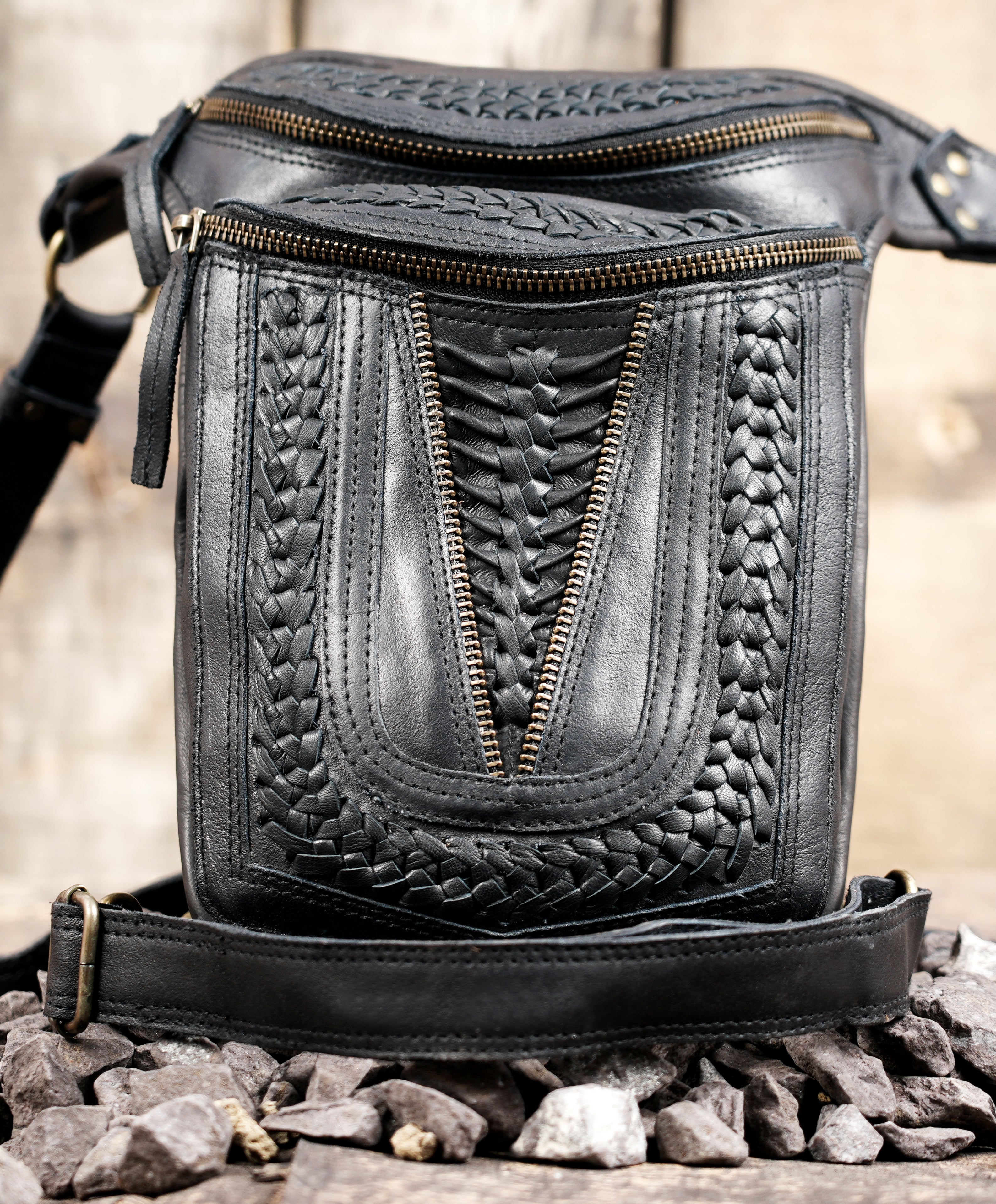 Handcrafted leather thigh holster with detailed stitching