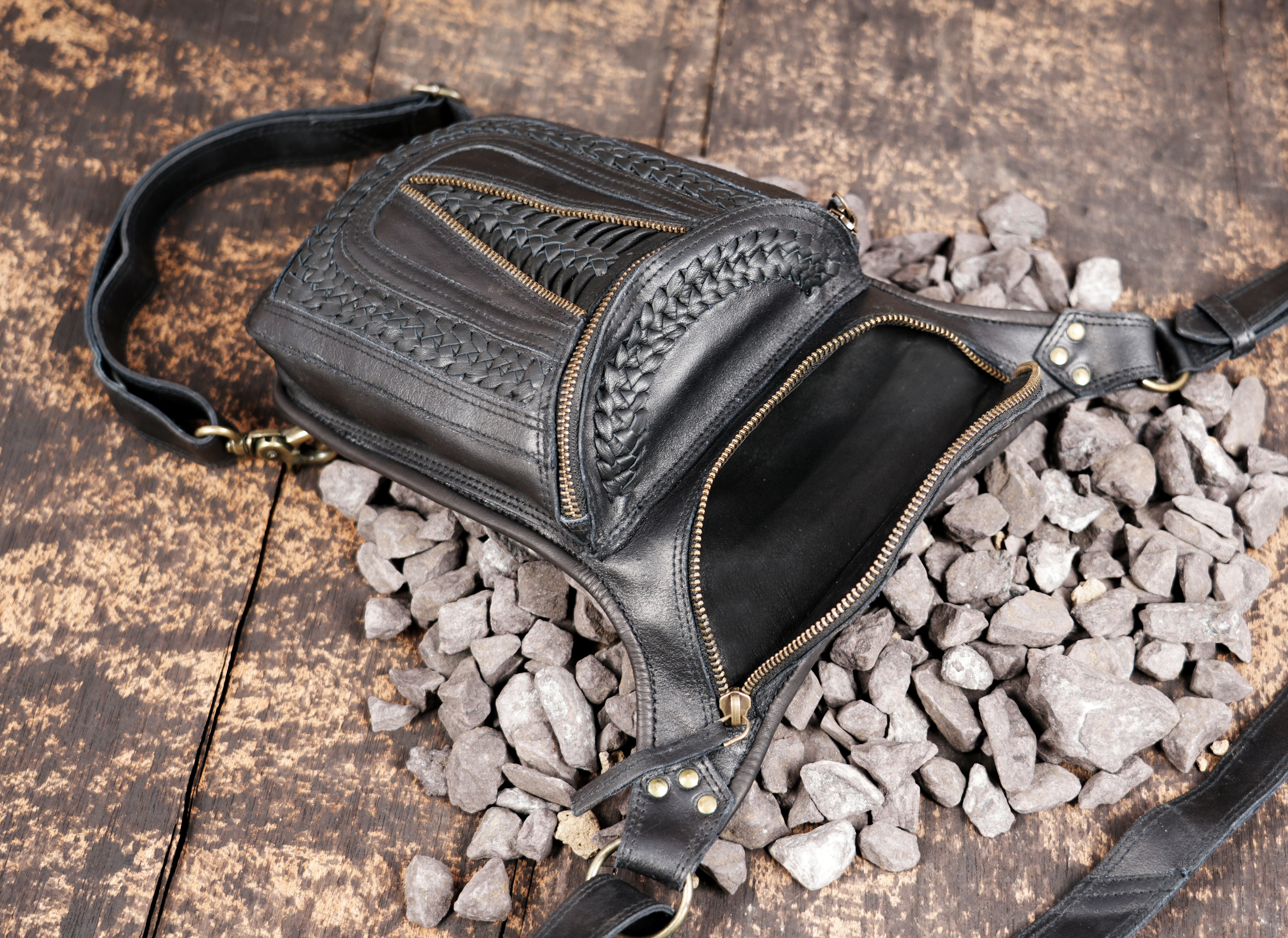 Black leather utility belt with long front pouch