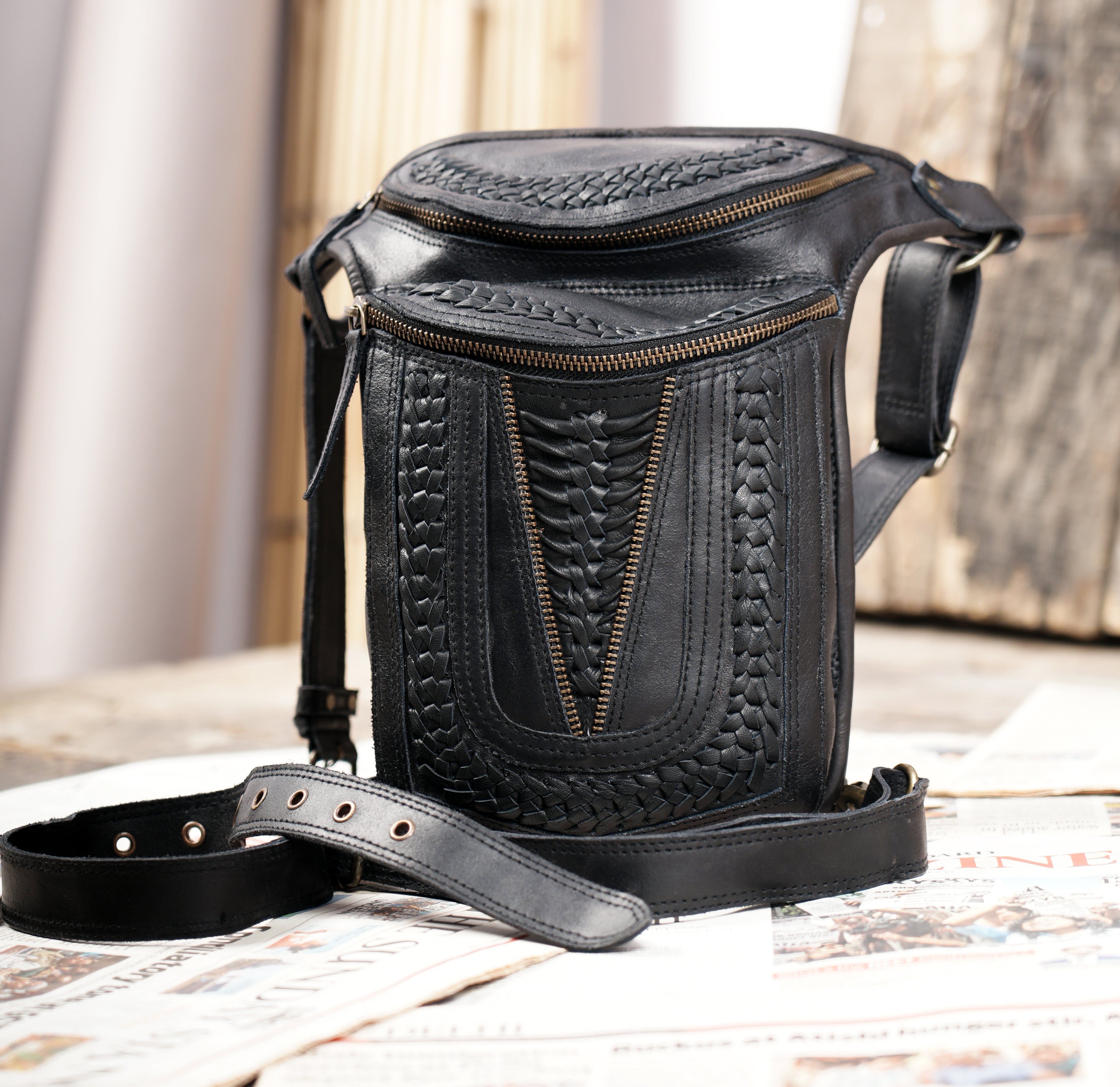 Leather adventure holster belt with reinforced stitching