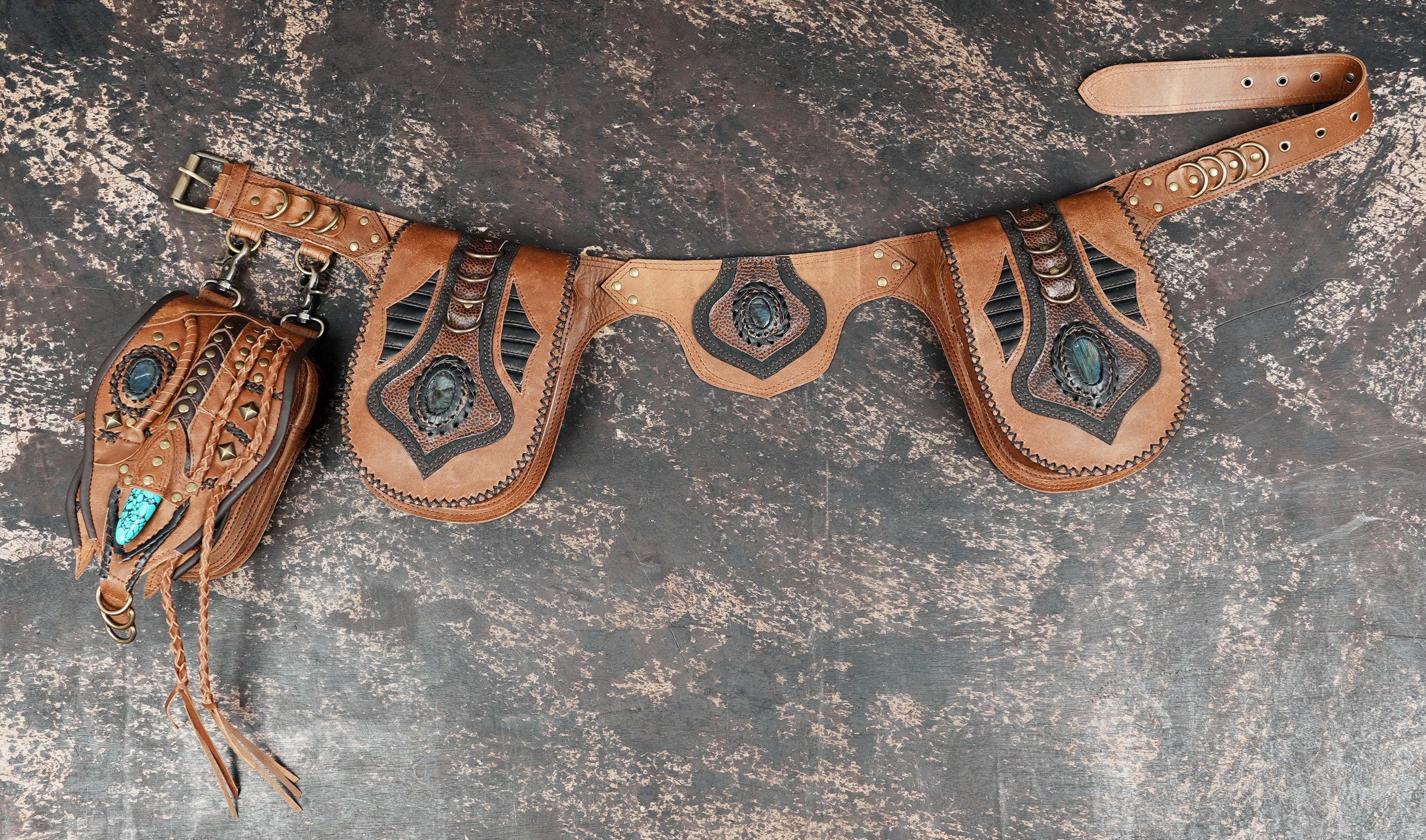 Handmade leather hip pouch belt with studs and layered design