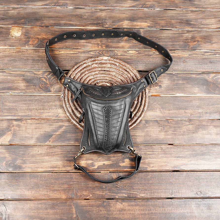 Black leather waist thigh belt with sculpted panel design