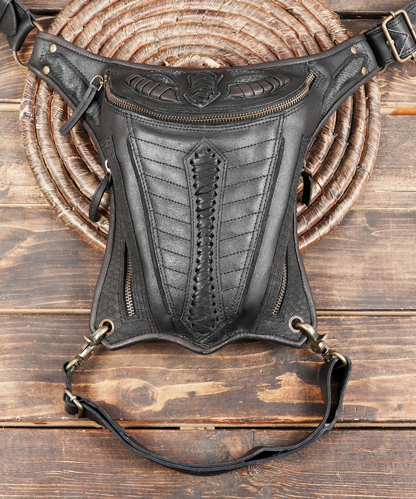 Artisan black leather waist and thigh utility holster