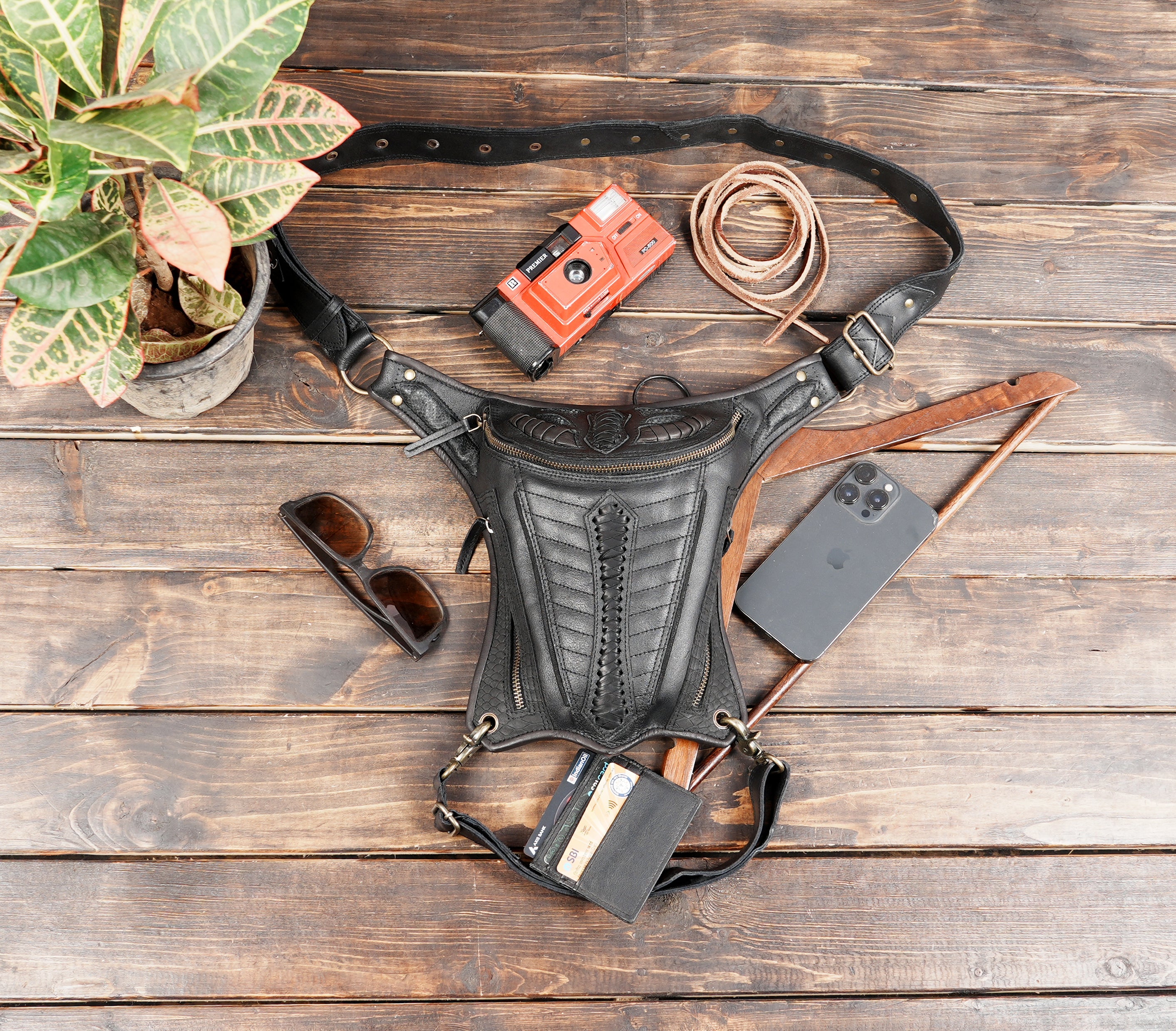 Waist and thigh leather holster bag for festivals