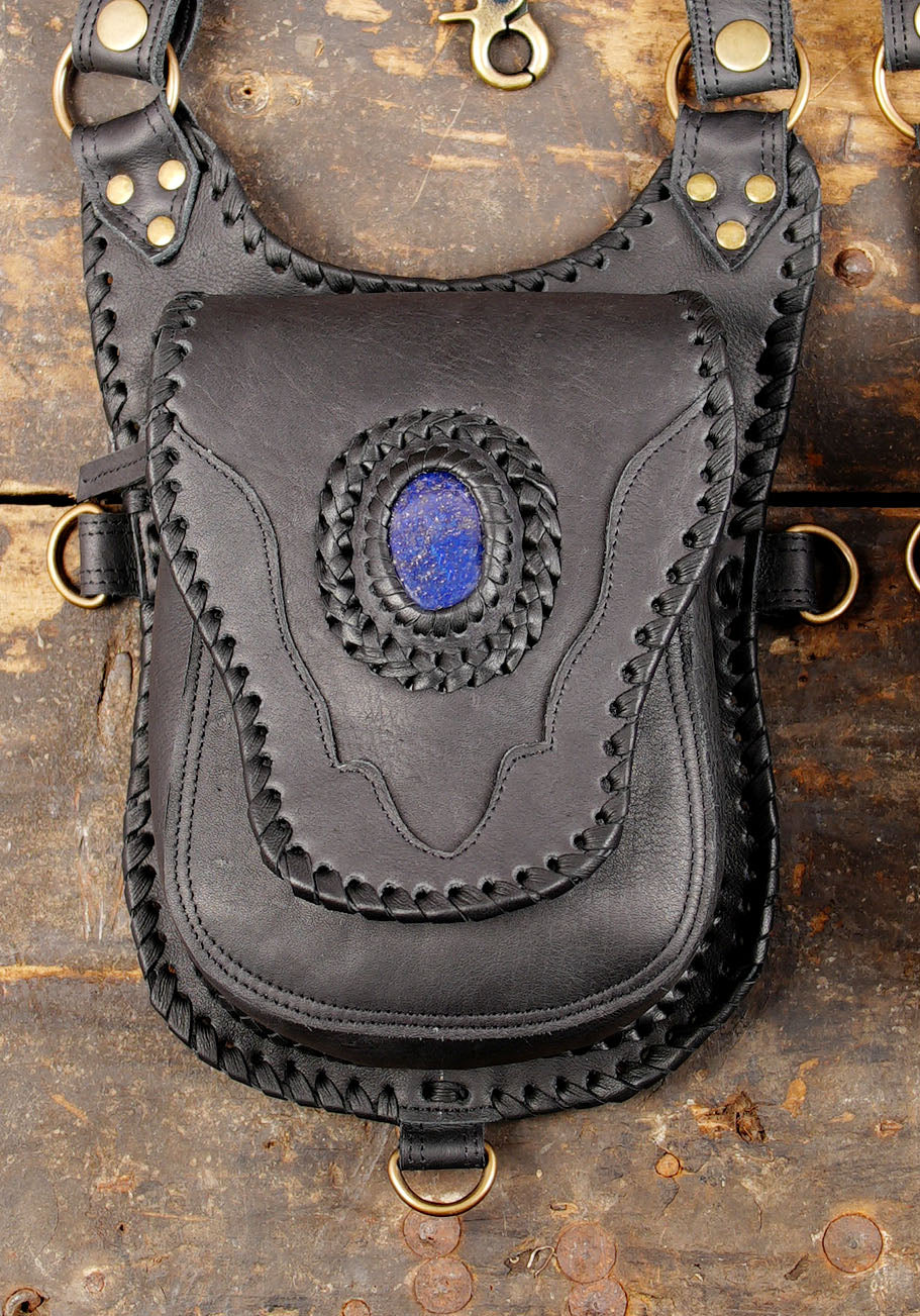 unisex leather utility harness bag with gemstone design with bule gemstone 