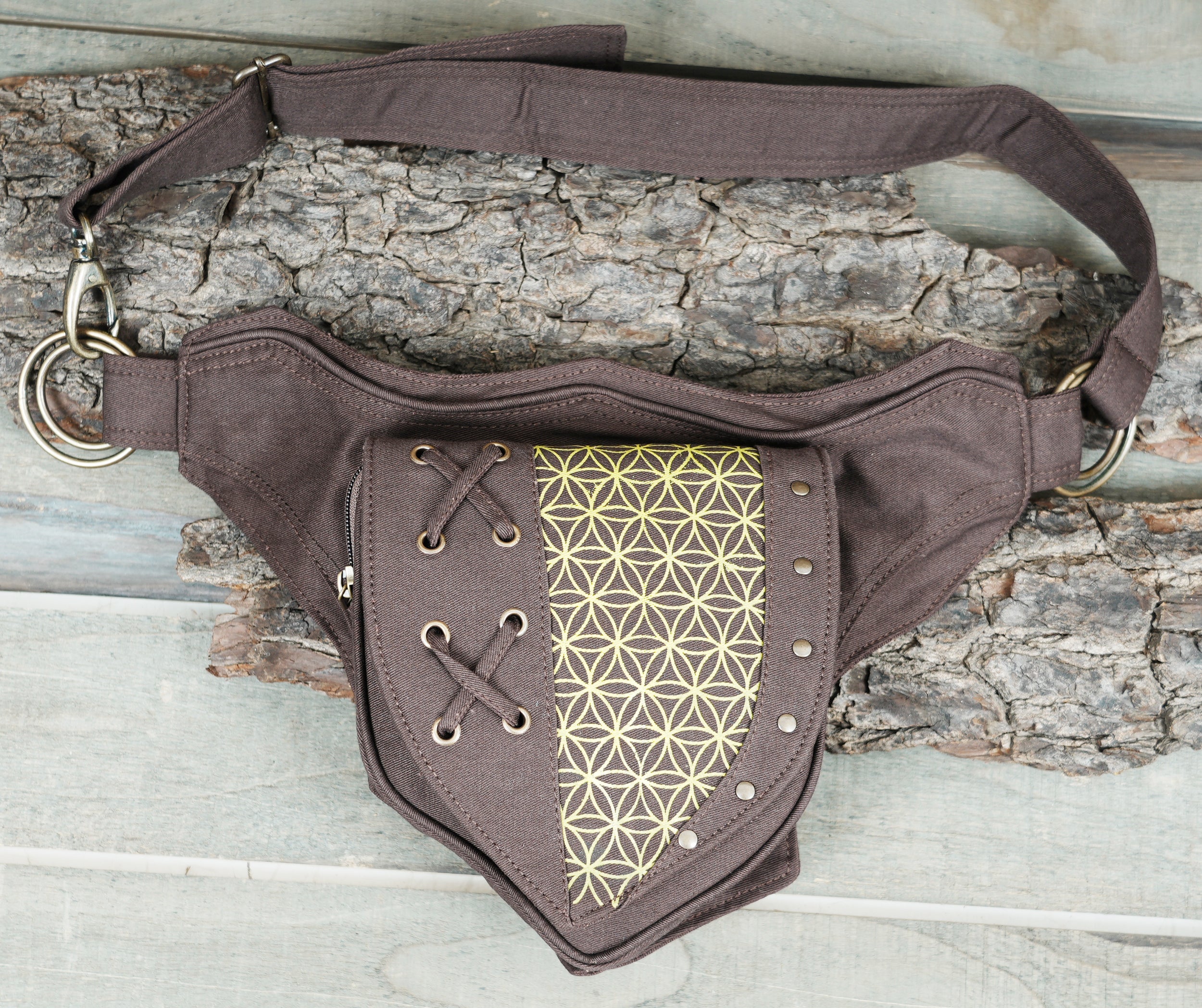 Black Cotton Waist Belt Bag, Geometric Festival Hip Pouch, Lace Up Utility Pack, Unisex Travel Accessory (CTN/AB/WB/1002)