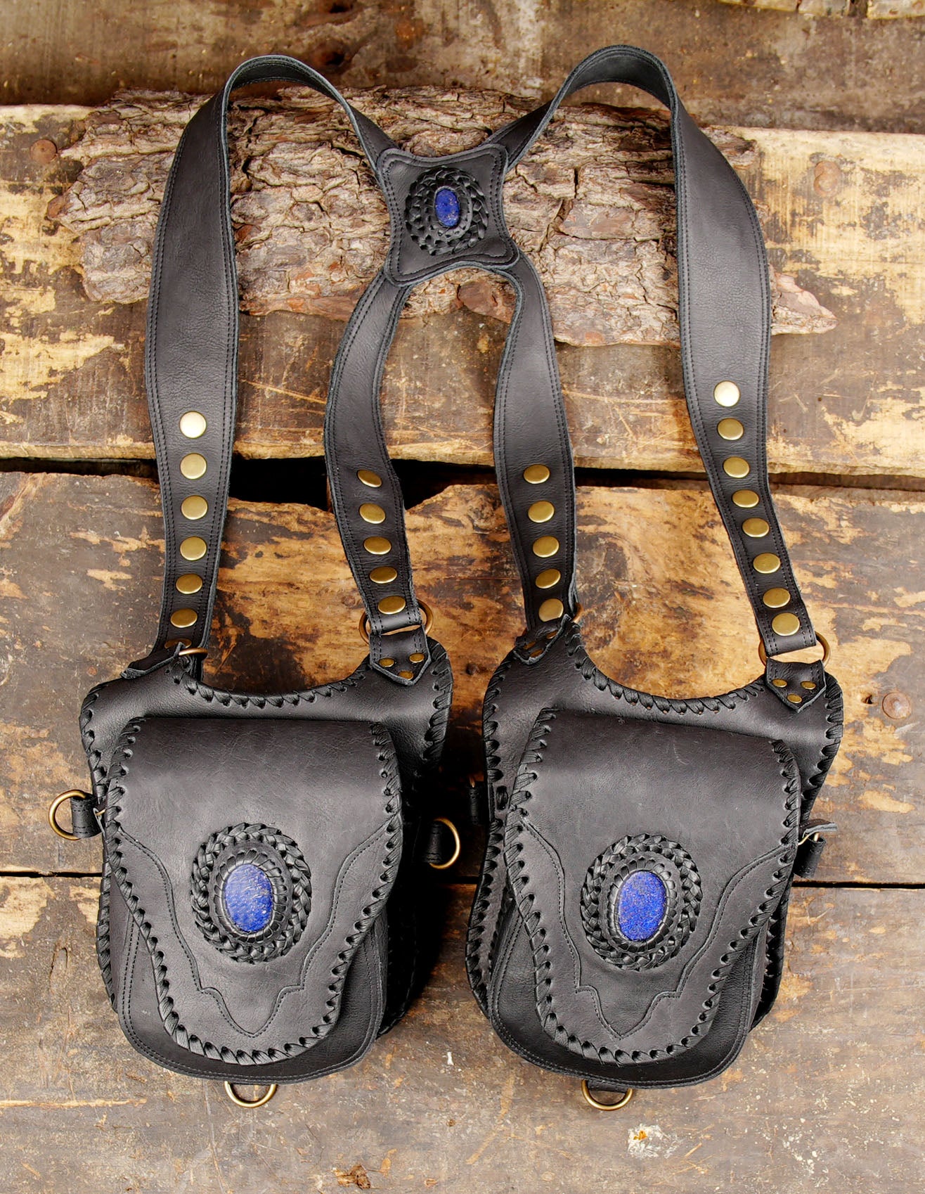 Black Handmade Leather Holster | Gemstone Harness Bag | Unisex Leather Holster Belt | Boho Style With Dual Pocket Holster | with metal fitting 