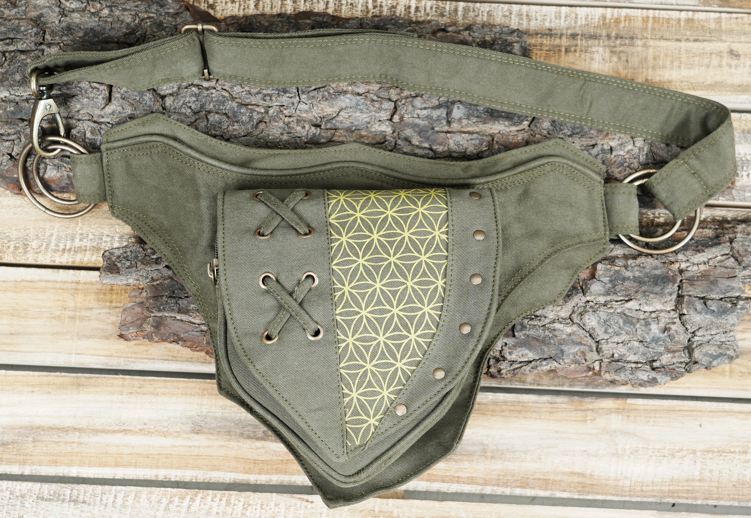 Black Cotton Waist Belt Bag, Geometric Festival Hip Pouch, Lace Up Utility Pack, Unisex Travel Accessory (CTN/AB/WB/1002)