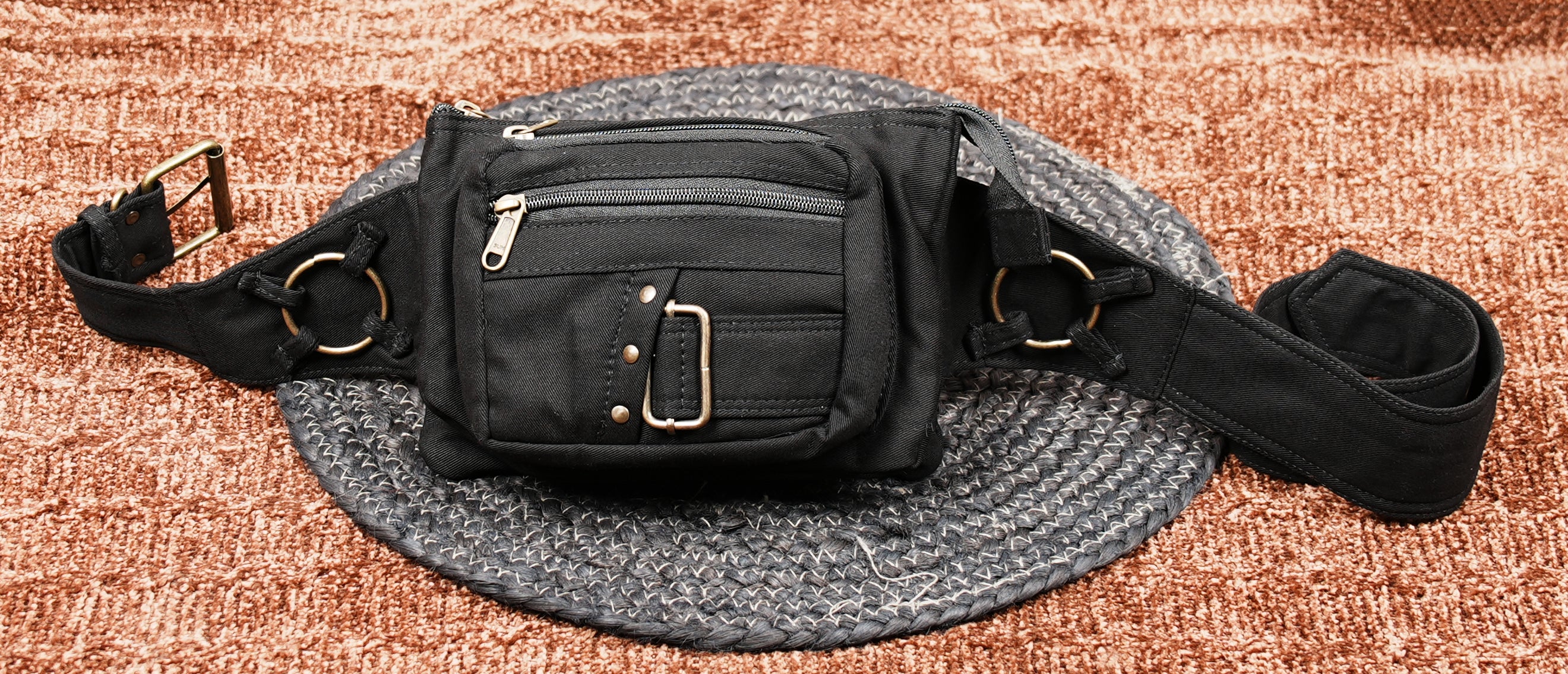 Cotton waist pack with utility pockets for hands free carrying