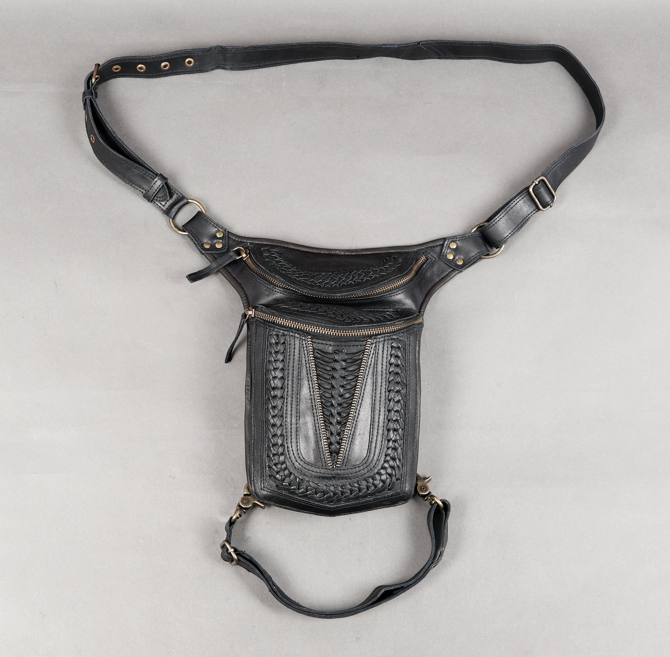 Steampunk leather thigh holster with textured panels