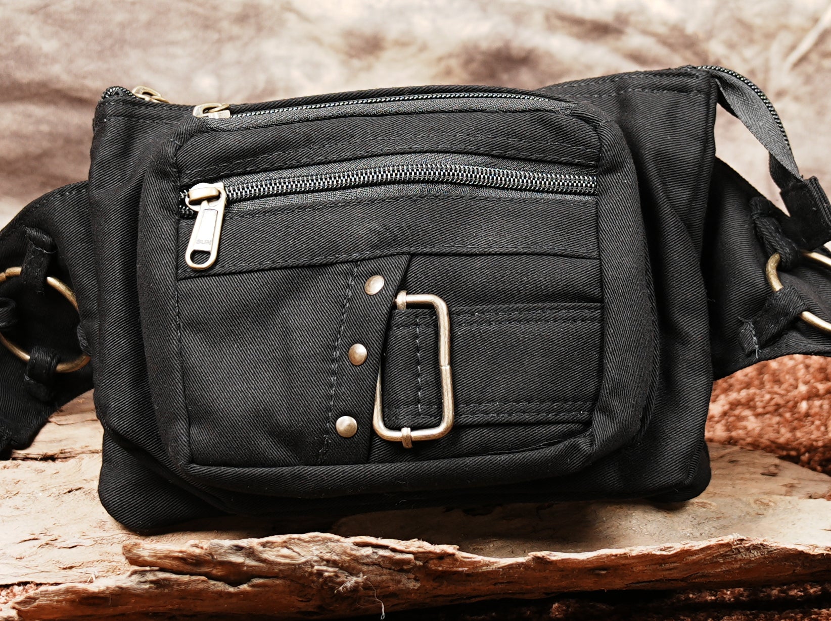 Festival waist belt bag in black cotton with antique brass hardware