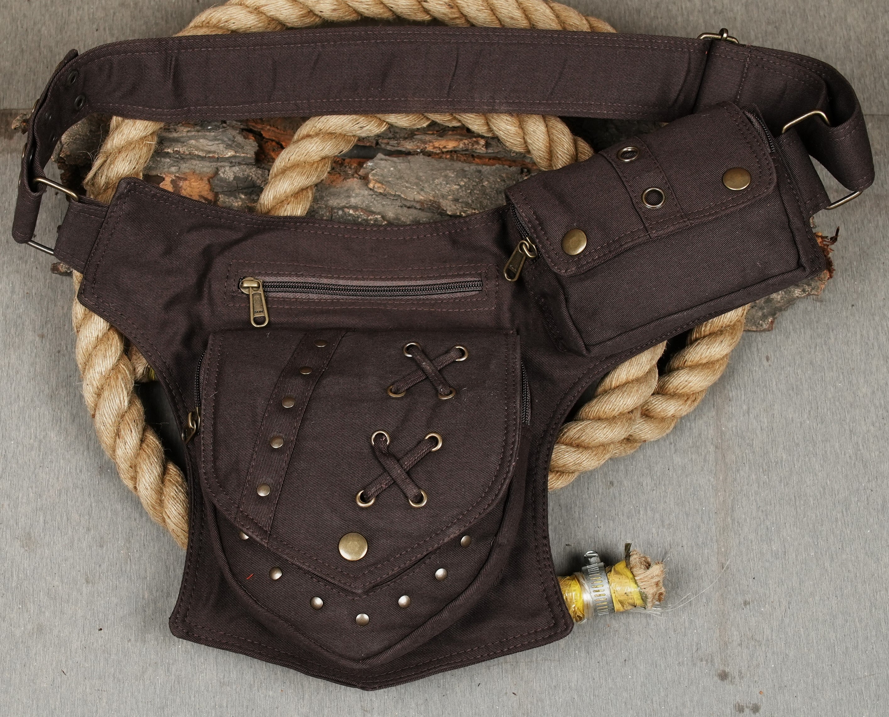 Outdoor travel drop-leg pack made from durable black fabric