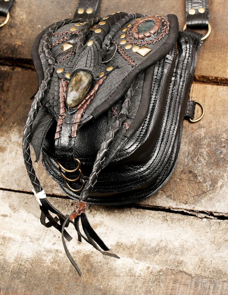 Black Snakeskin Leather Holster with Gemstone Accents || Festival Black Leather Holster with Gemstone and Studded Design (LT/AB/HLS/6013)