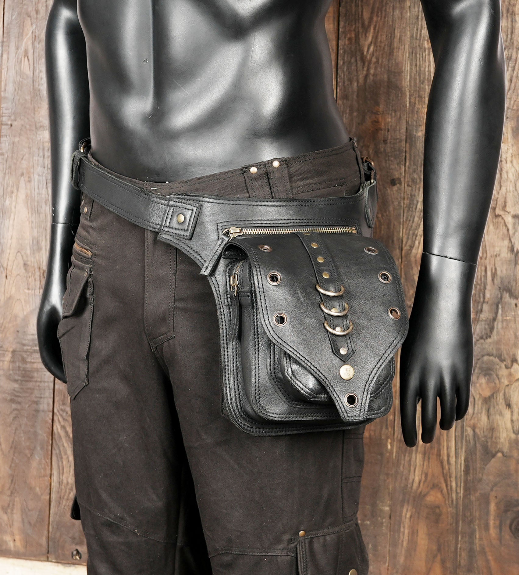 Handcrafted black leather pouch belt with metal hardware