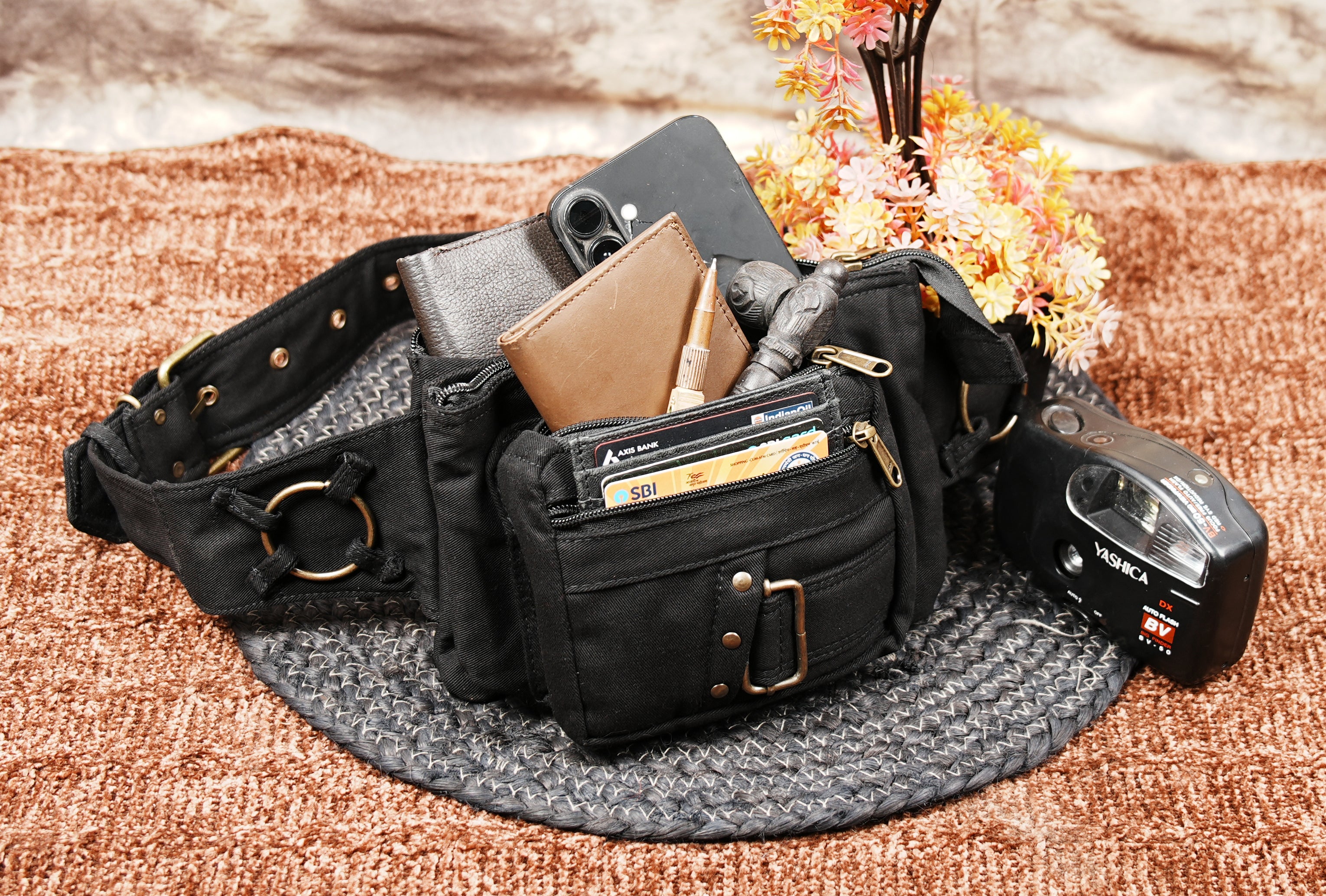 Black utility belt pack with organizer pockets and adjustable fit
