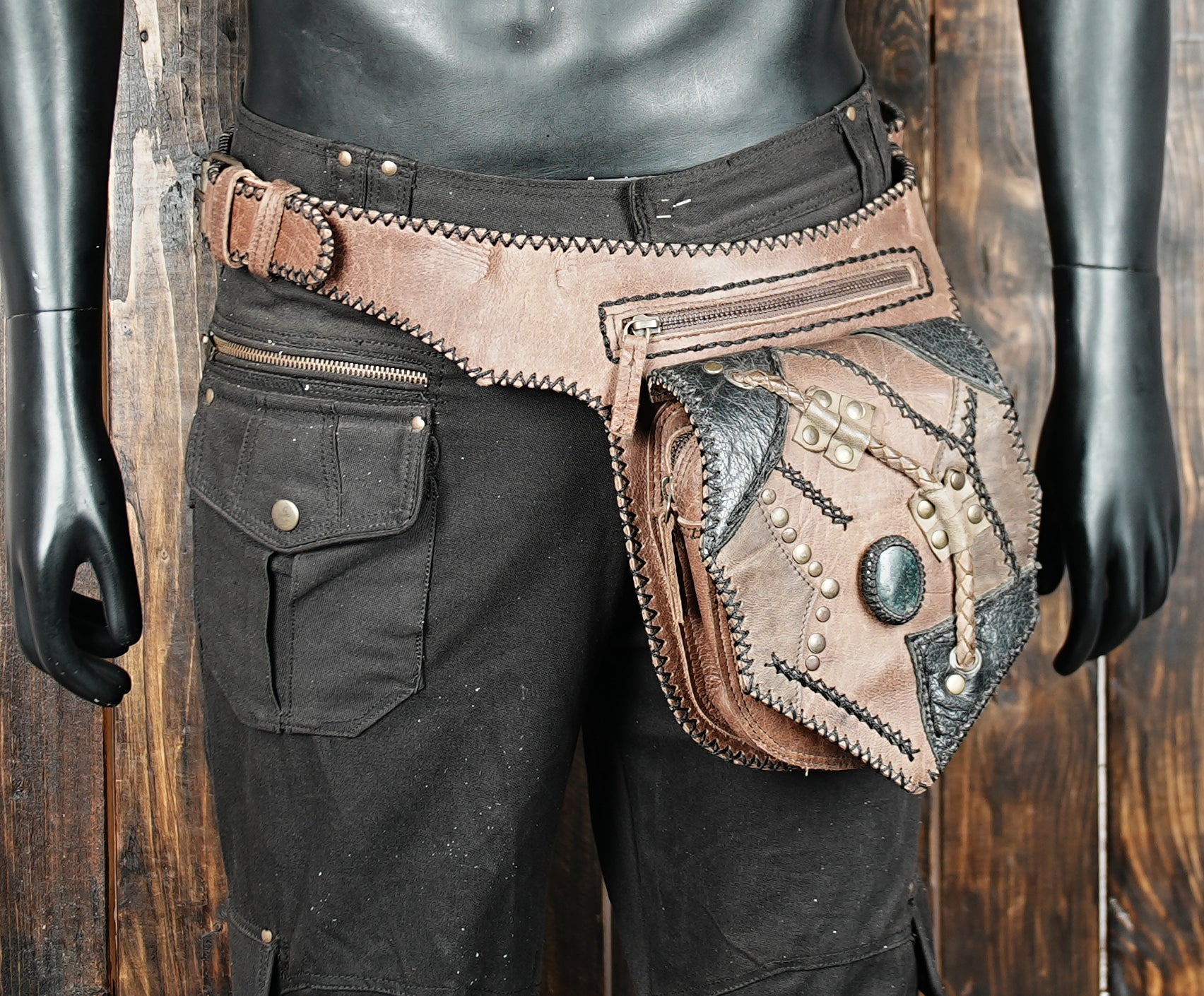 Unisex leather utility pouch with gemstone accent and adjustable strap