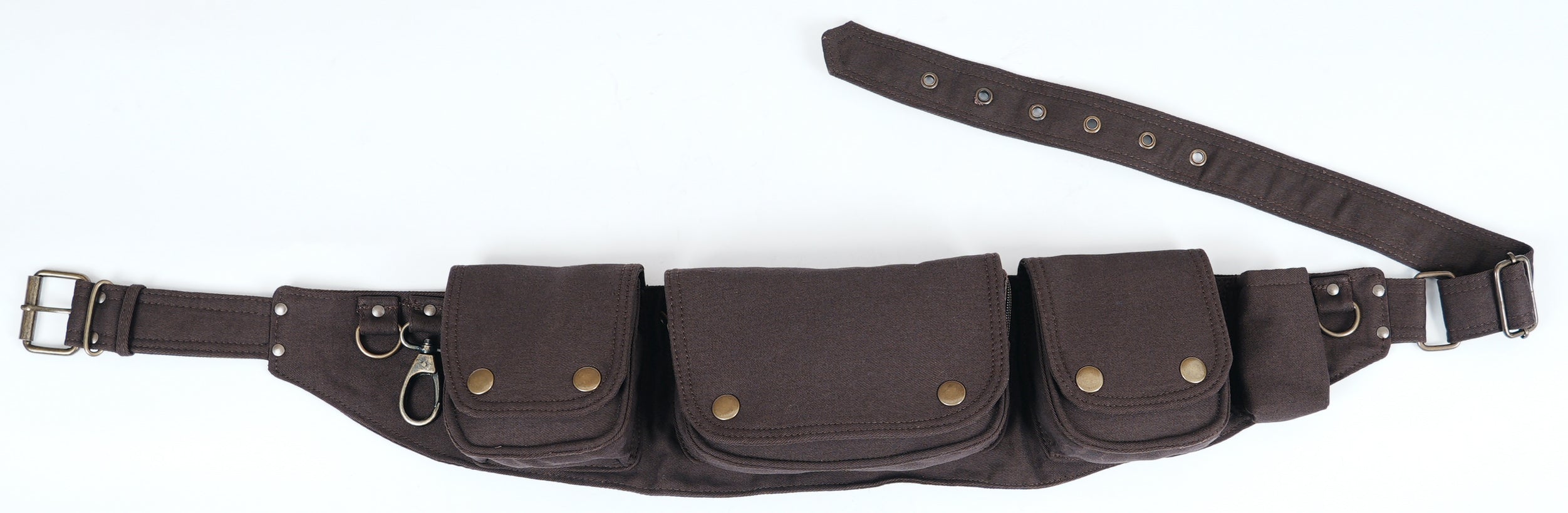 Slim-profile black cotton waist pack with integrated pouches and adjustable belt for comfort.