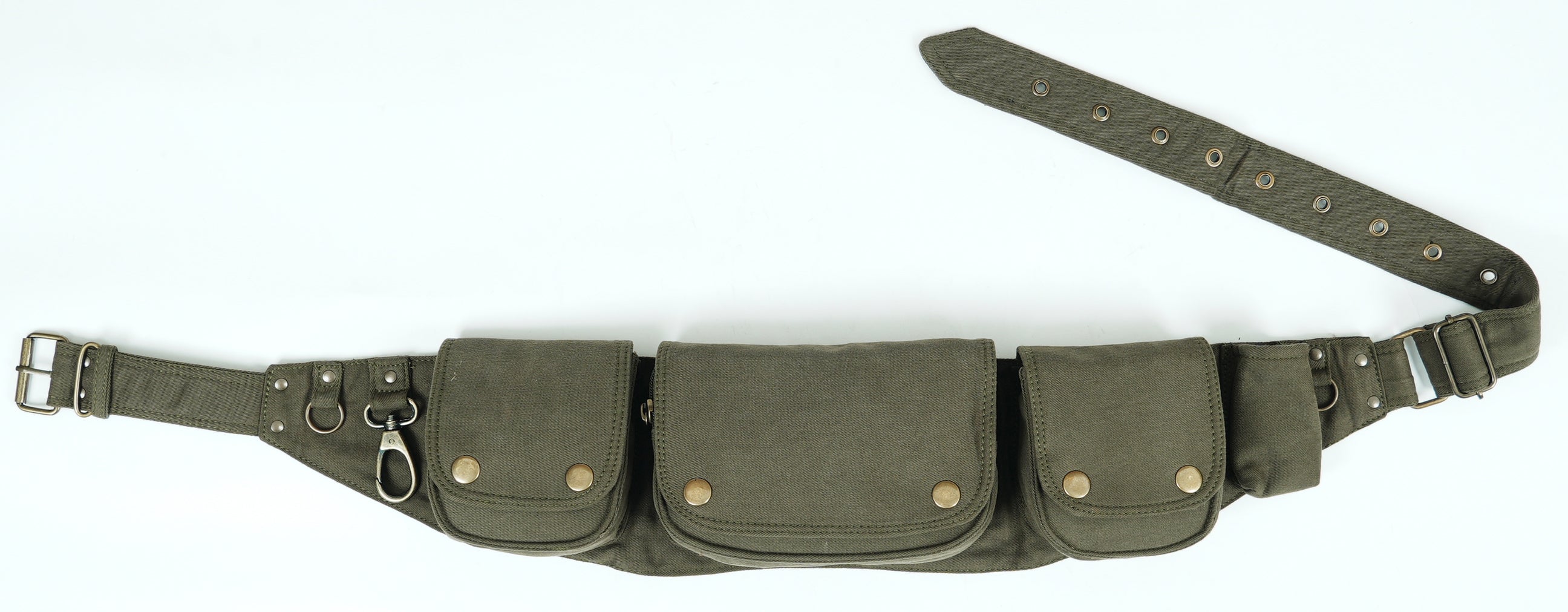 Secure and stylish black canvas hip pouch for holding essentials, with unique brass hardware.