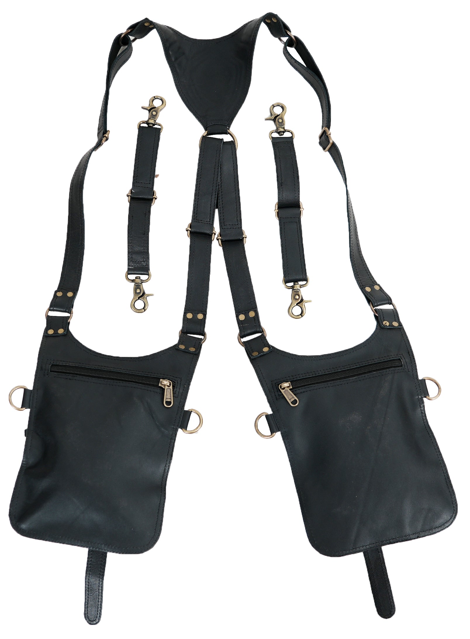 Black leather utility harness with dual pouch design