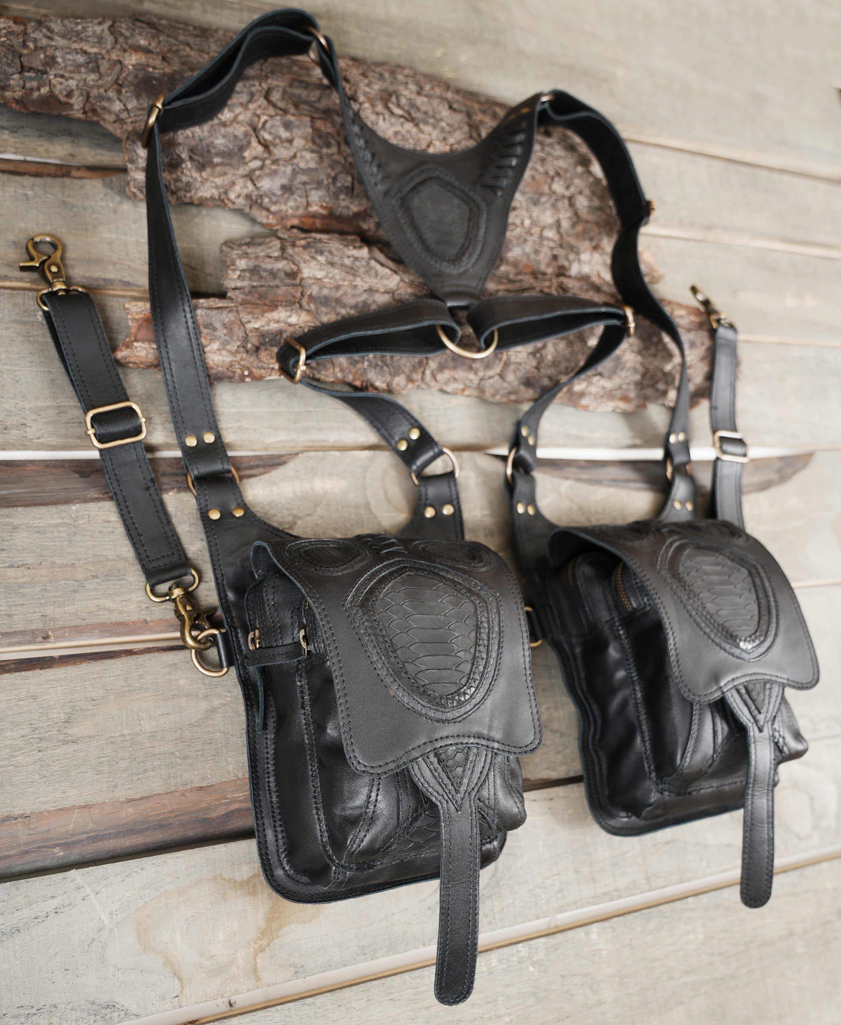 Gothic black leather chest rig with secure buckle straps