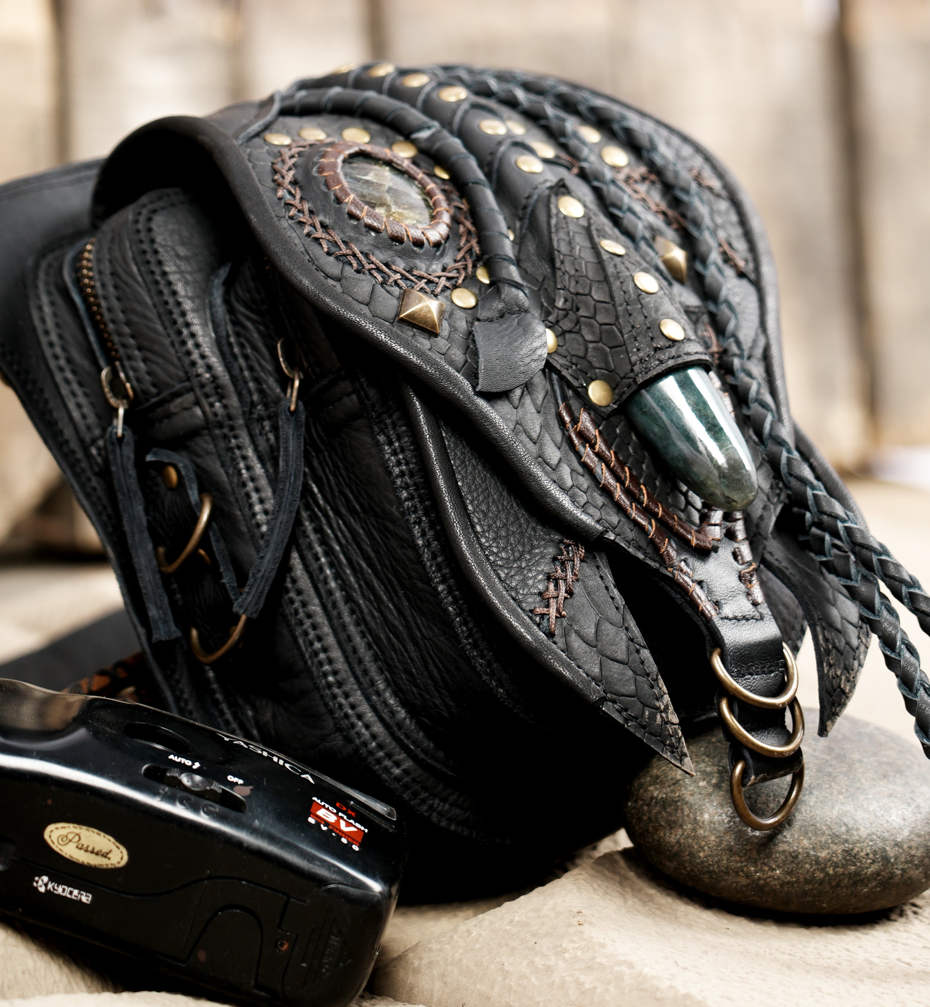 Handmade leather waist belt bag with tiger eye stone and antique brass studs