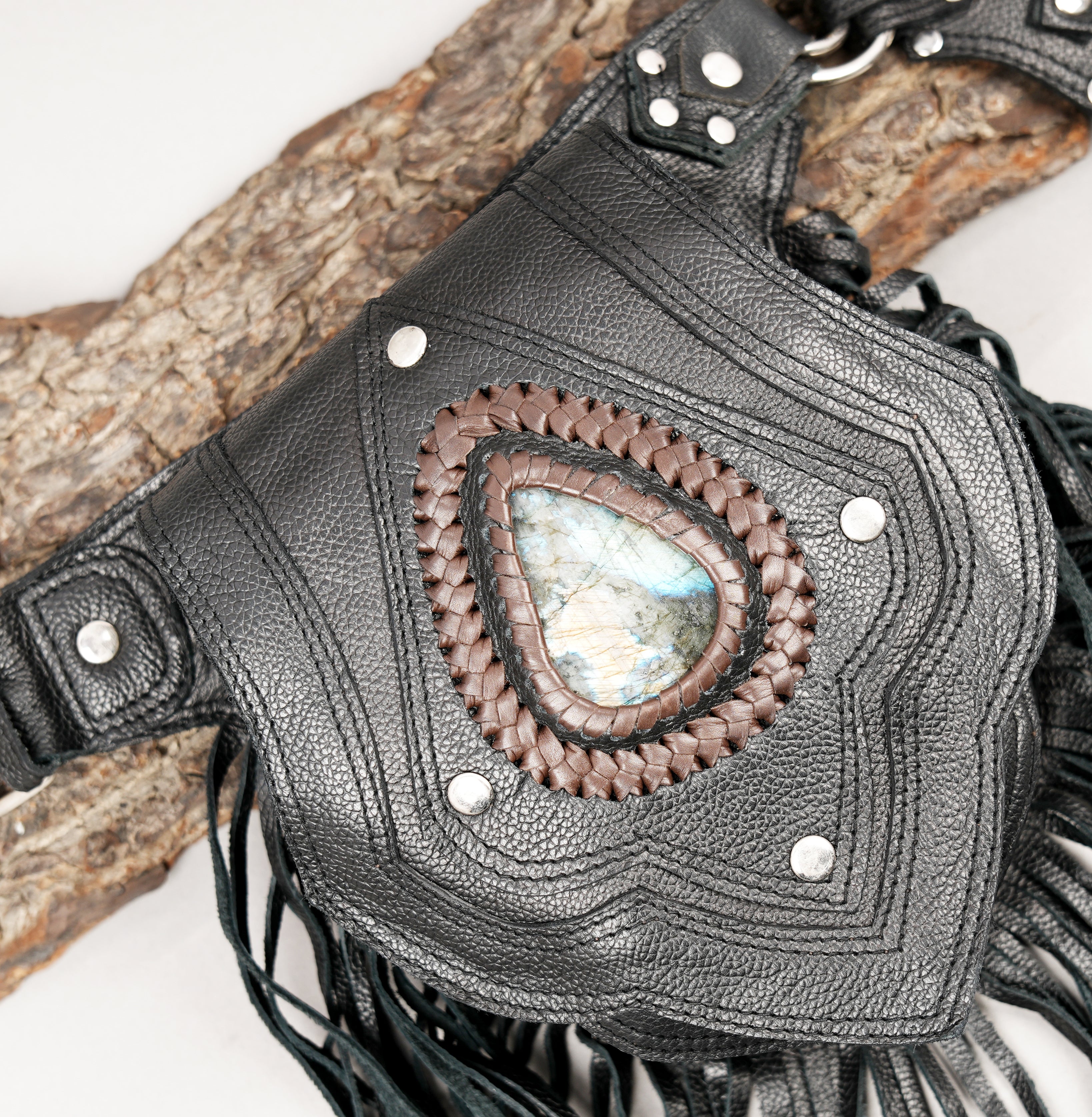 Genuine leather waist belt with fringe utility pouches