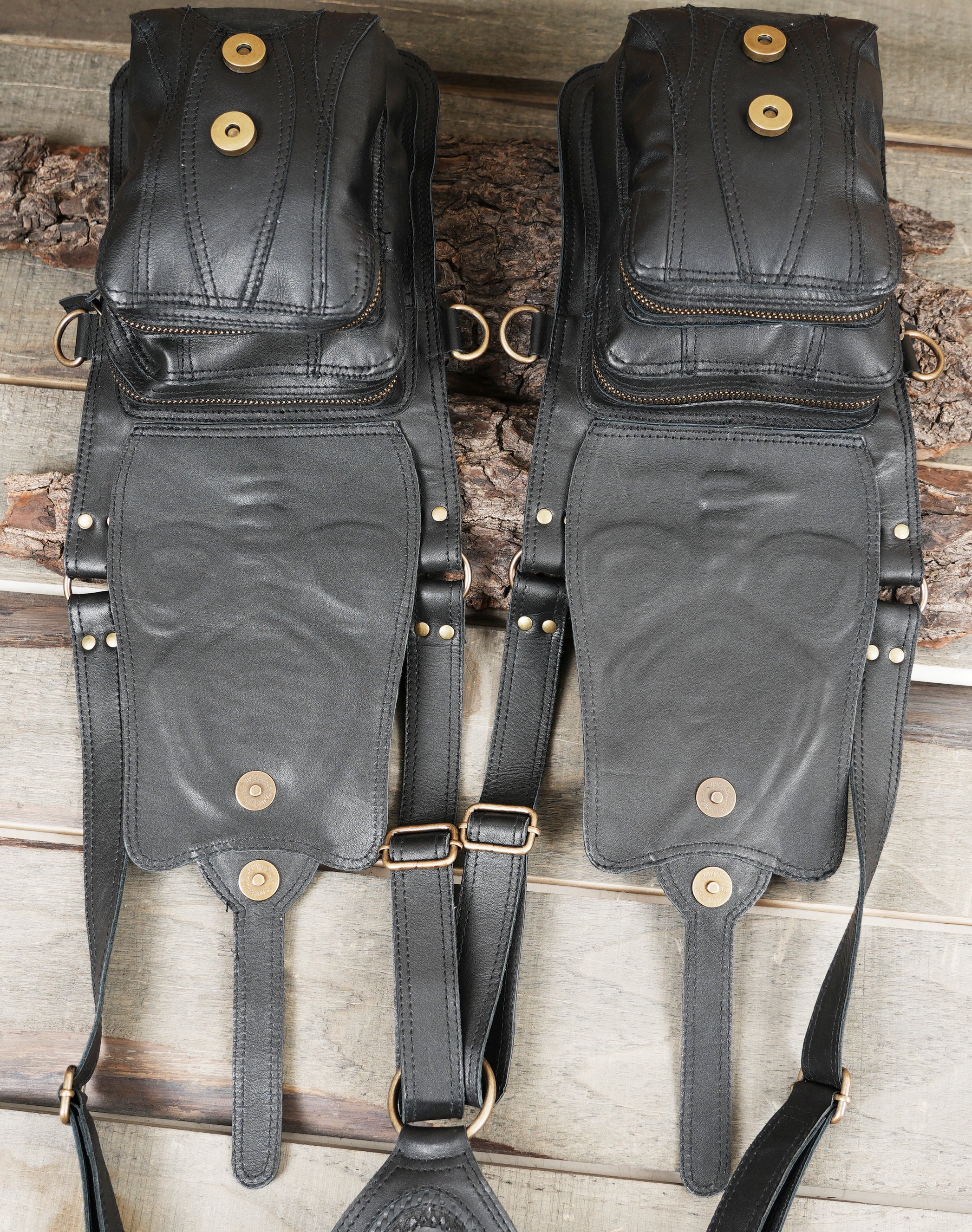 Biker style leather chest holster with rugged finish