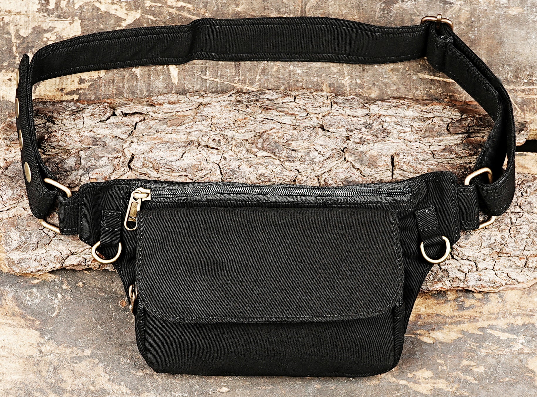Black cotton utility belt bag with D-rings and zipper pockets